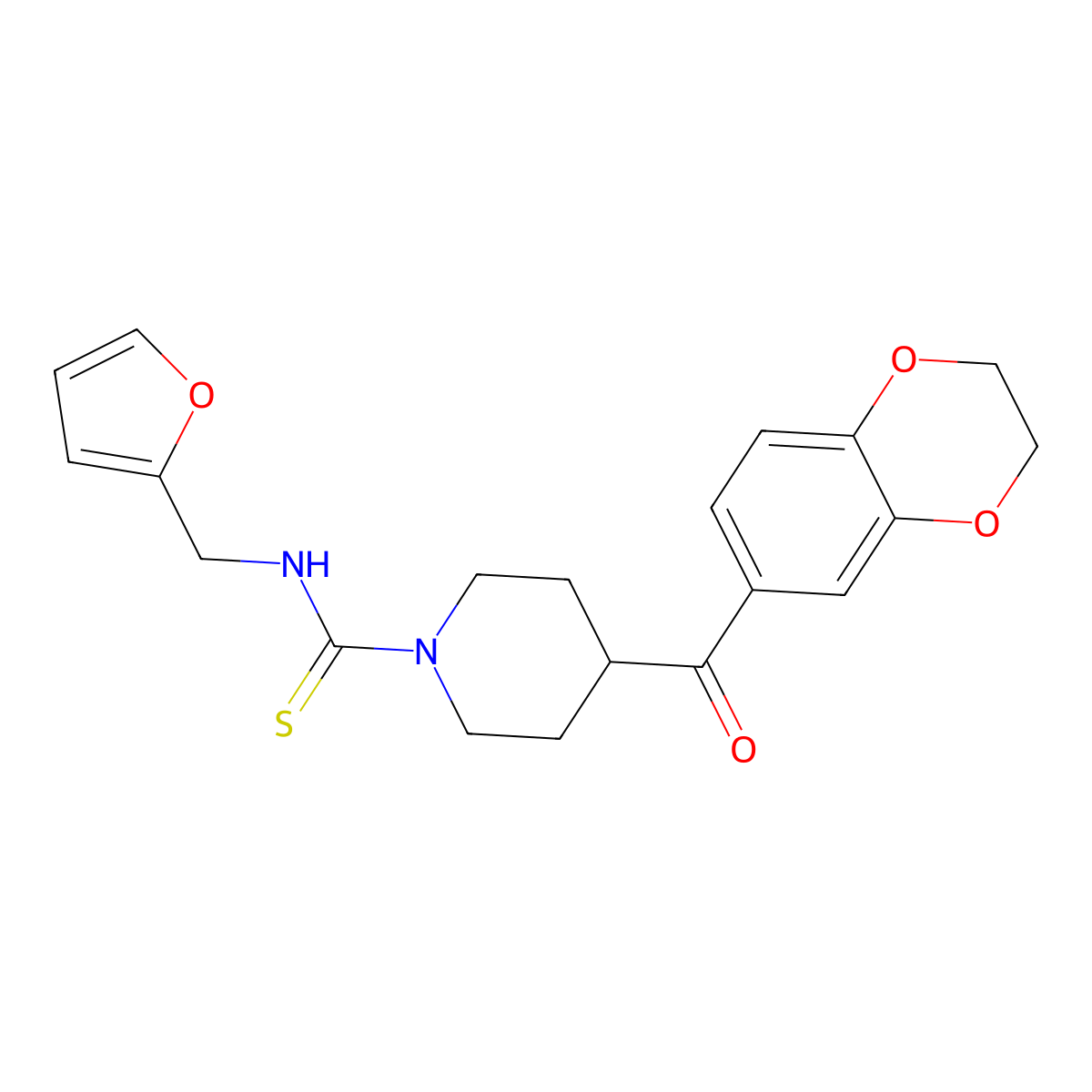 1-Piperidinecarbothioamide, 4-[(2,3-dihydro-1,4-benzodioxin-6-YL)carbonyl]-N-(2-furanylmethyl)- molecular structure, CAS 606086-40-2