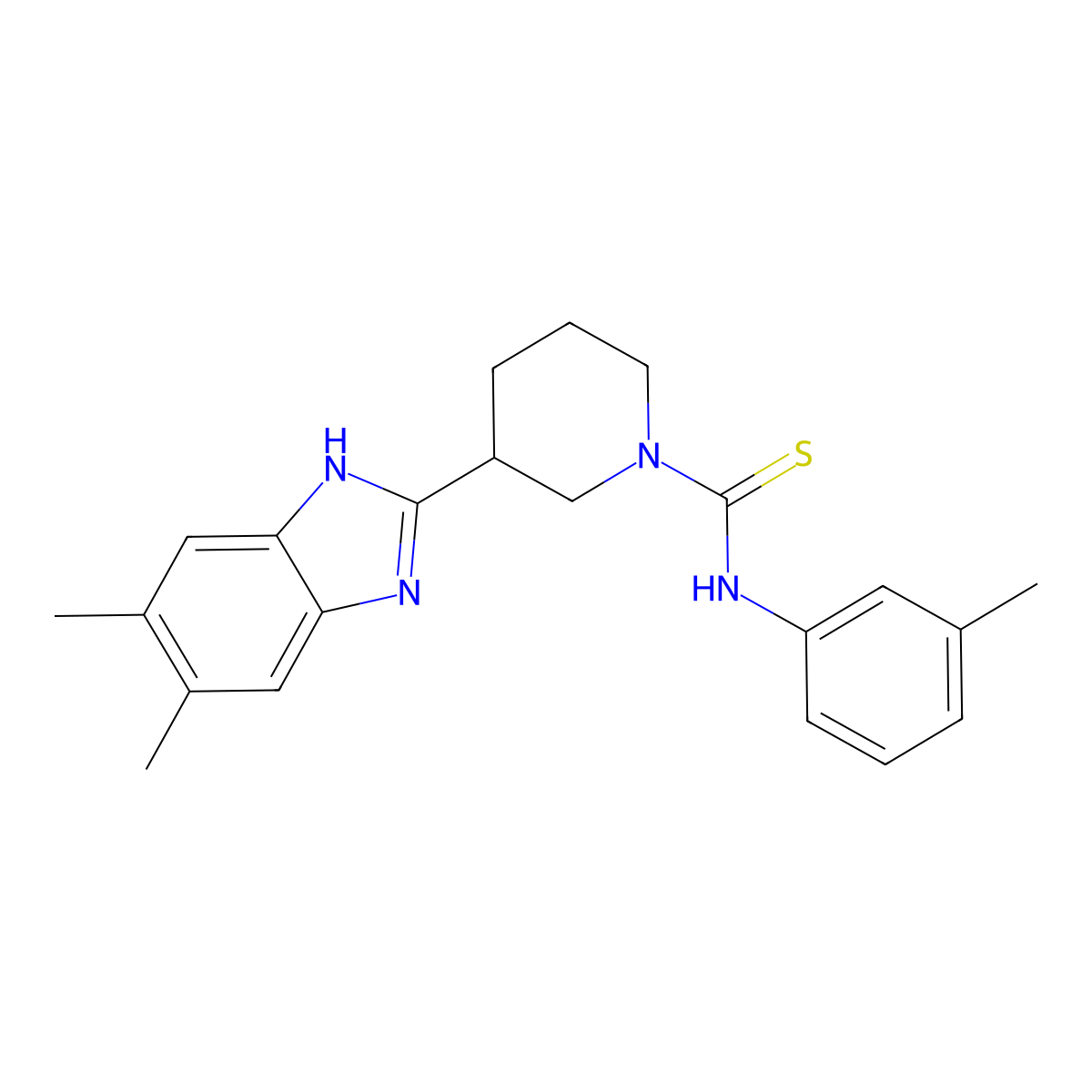 1-Piperidinecarbothioamide, 3-(5,6-dimethyl-1H-benzimidazol-2-YL)-N-(3-methylphenyl)- molecular structure, CAS 606089-28-5