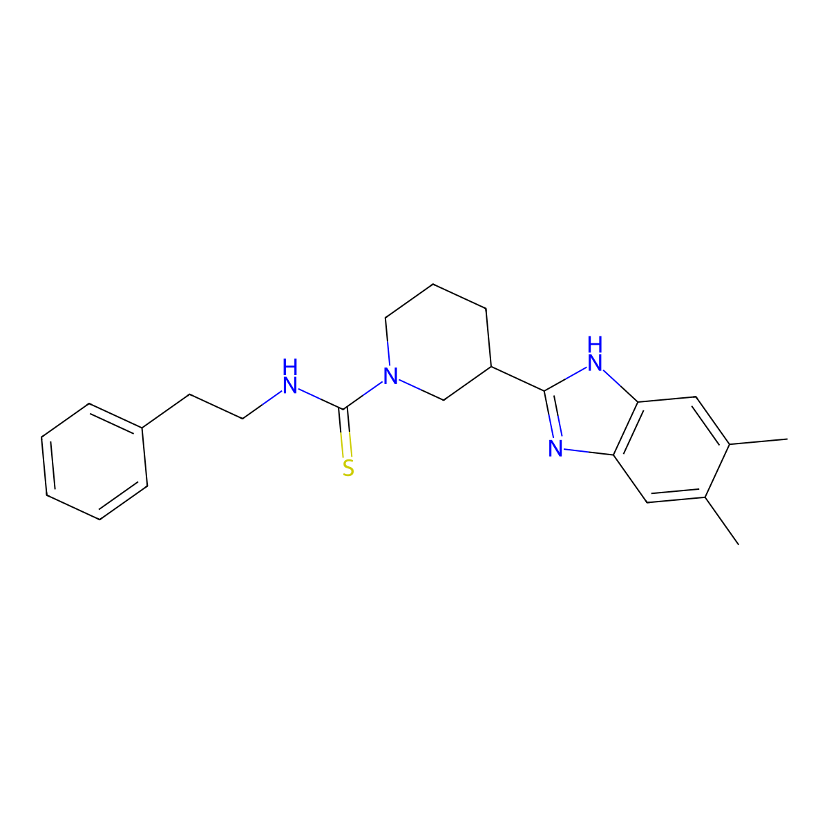 1-Piperidinecarbothioamide, 3-(5,6-dimethyl-1H-benzimidazol-2-YL)-N-(2-phenylethyl)- molecular structure, CAS 606089-33-2