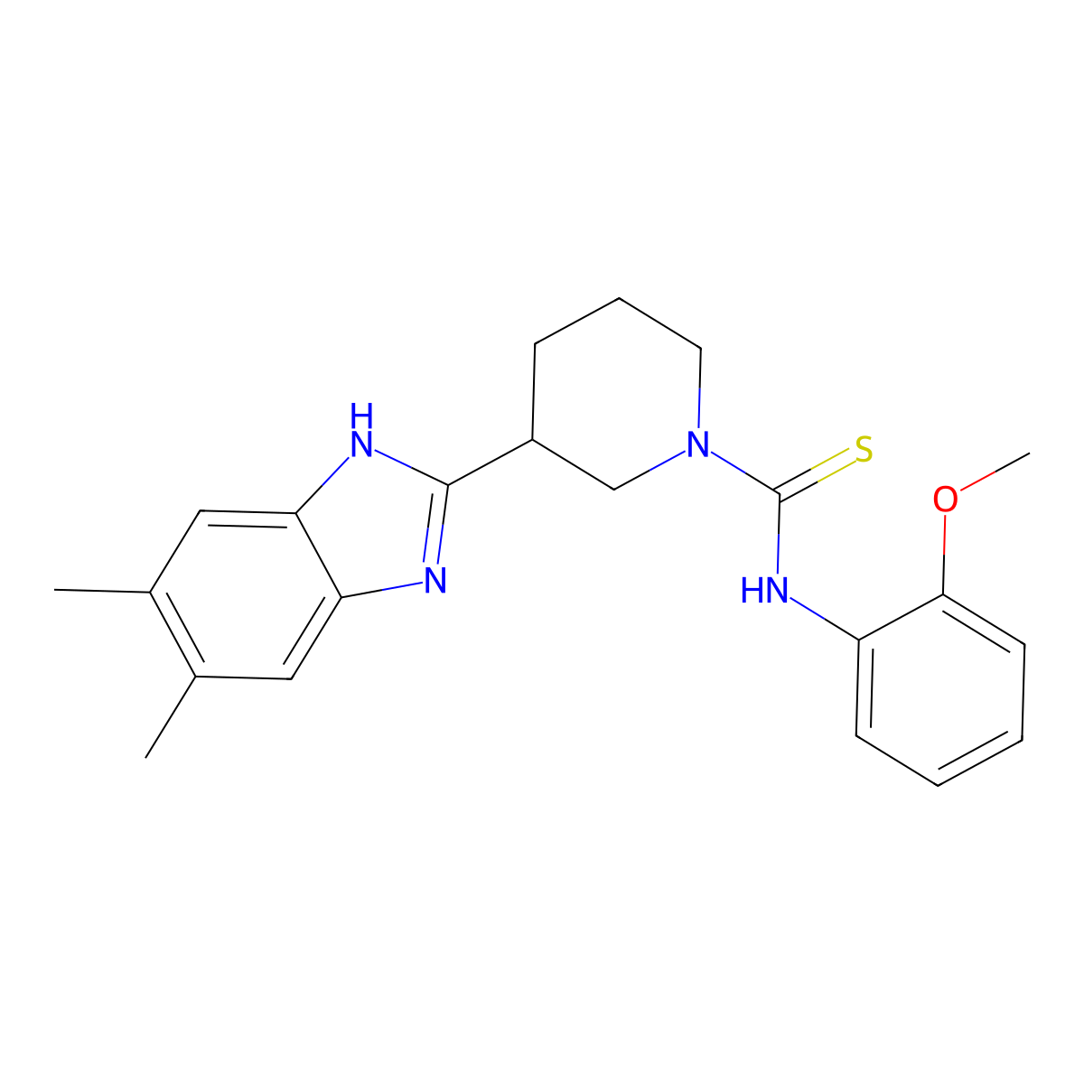 1-Piperidinecarbothioamide, 3-(5,6-dimethyl-1H-benzimidazol-2-YL)-N-(2-methoxyphenyl)- molecular structure, CAS 606089-35-4