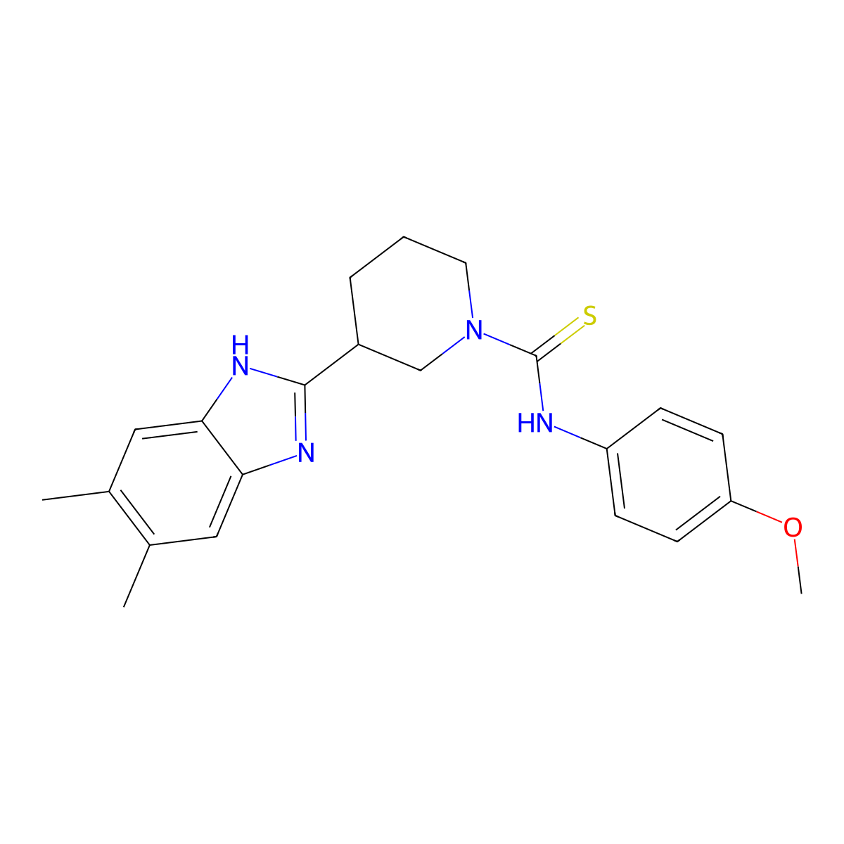 1-Piperidinecarbothioamide, 3-(5,6-dimethyl-1H-benzimidazol-2-YL)-N-(4-methoxyphenyl)- molecular structure, CAS 606089-37-6