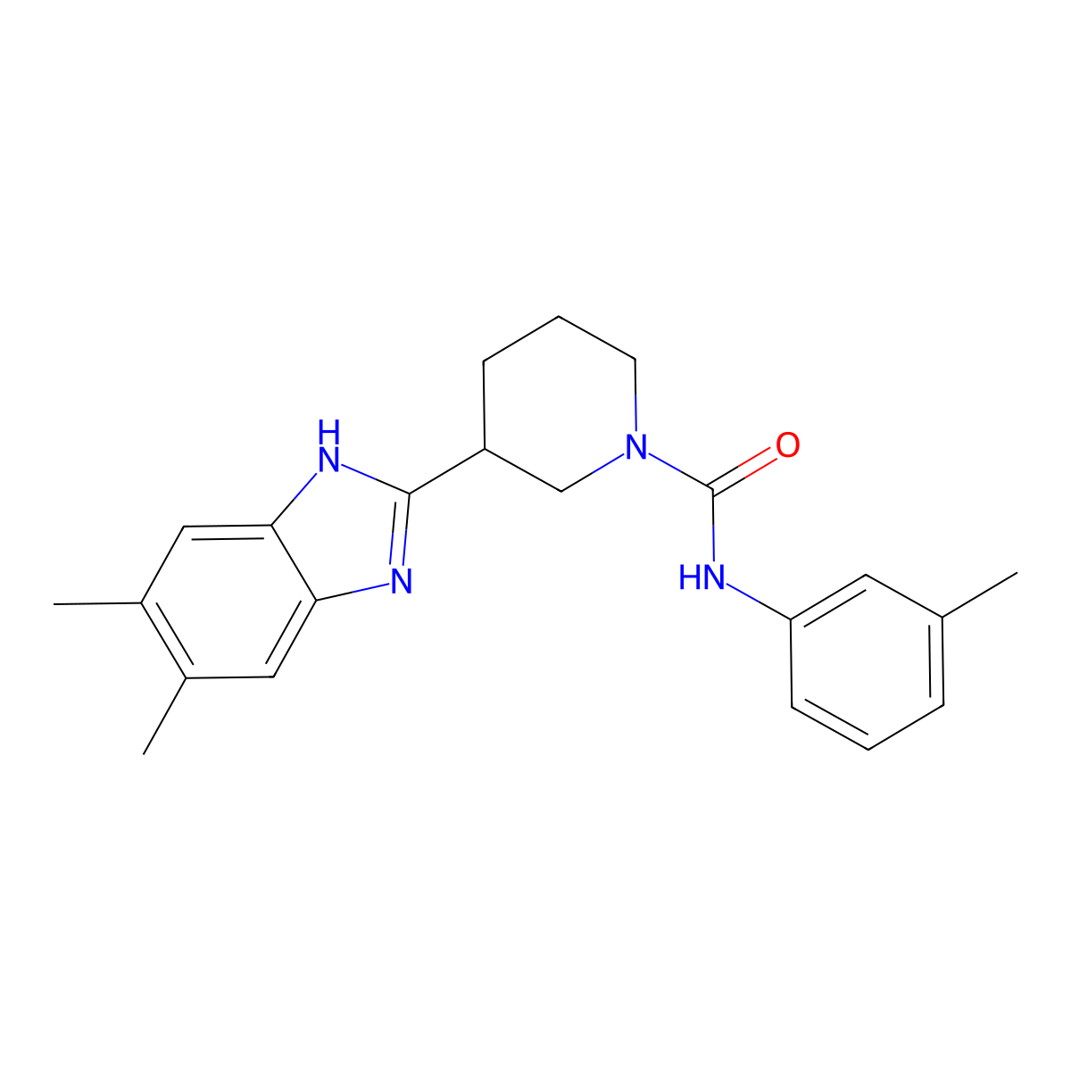 1-Piperidinecarboxamide, 3-(5,6-dimethyl-1H-benzimidazol-2-YL)-N-(3-methylphenyl)- molecular structure, CAS 606089-52-5