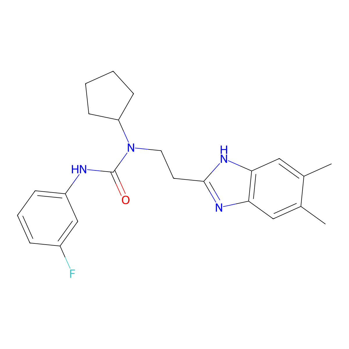 1-cyclopentyl-1-[2-(5,6-dimethyl-1H-benzimidazol-2-yl)ethyl]-3-(3-fluorophenyl)urea molecular structure, CAS 606091-56-9