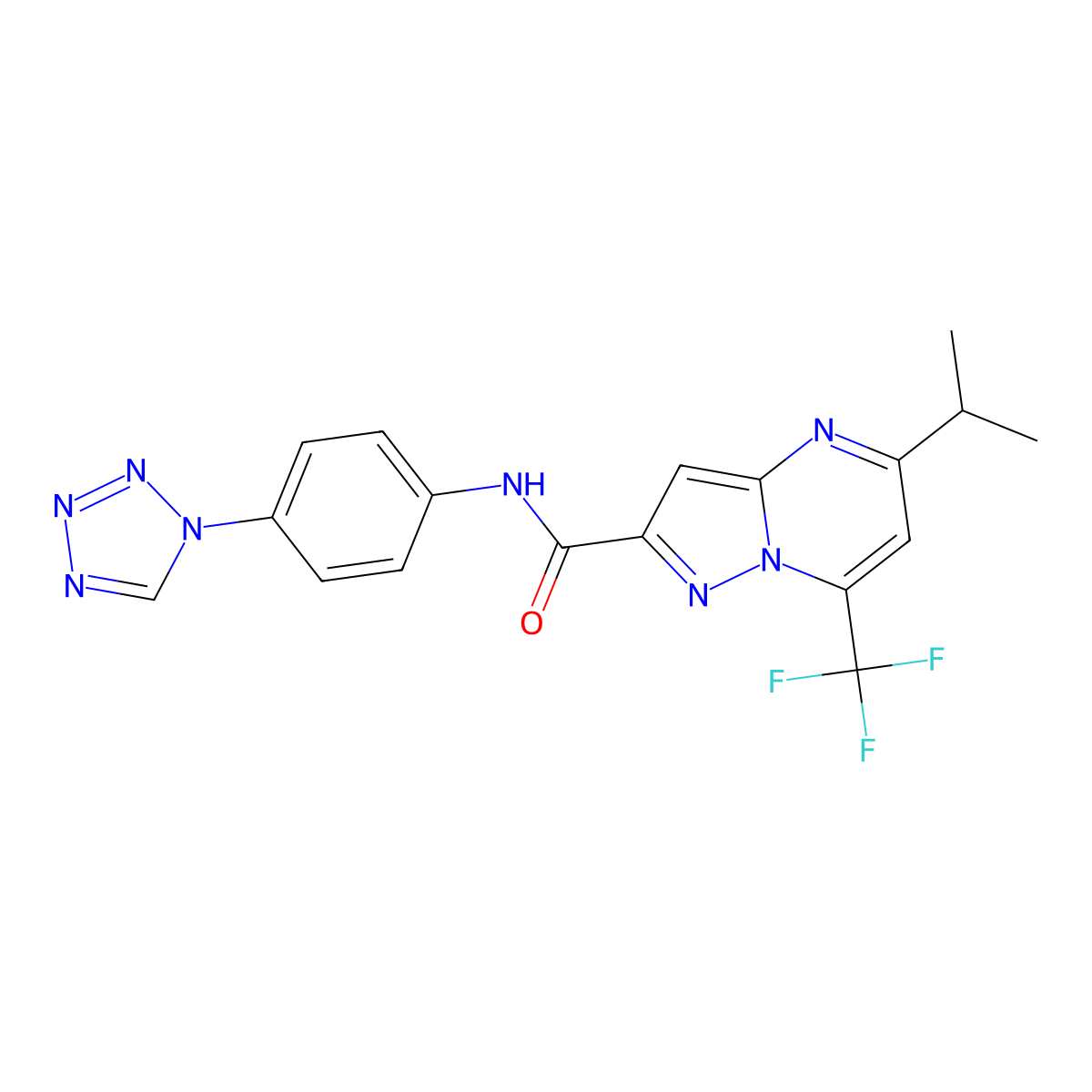 5-propan-2-yl-N-[4-(tetrazol-1-yl)phenyl]-7-(trifluoromethyl)pyrazolo[1,5-a]pyrimidine-2-carboxamide molecular structure, CAS 606096-57-5