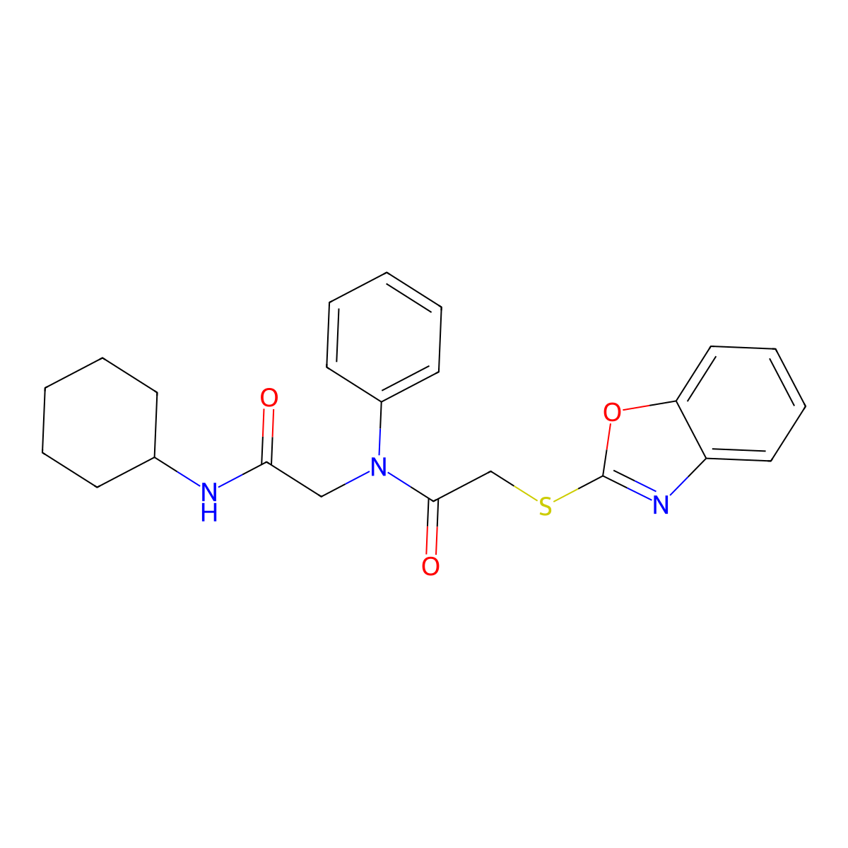 2-(Benzooxazol-2-ylsulfanyl)-N-cyclohexylcarbamoylmethyl-N-phenyl-acetamide molecular structure, CAS 606098-39-9