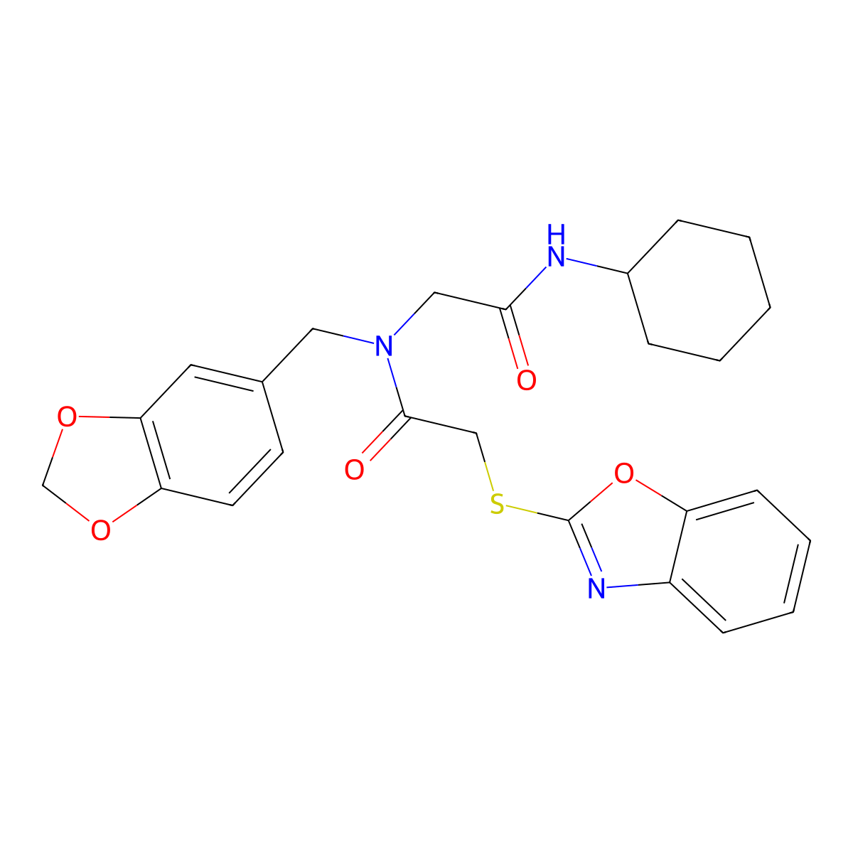 N-Benzo[1,3]dioxol-5-ylmethyl-2-(benzooxazol-2-ylsulfanyl)-N-cyclohexylcarbamoylmethyl-acetamide molecular structure, CAS 606098-43-5