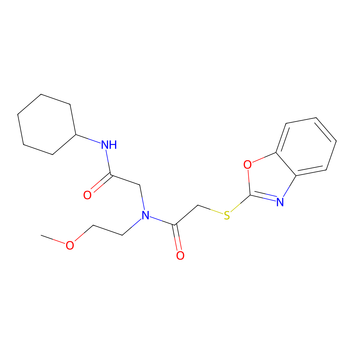 Acetamide,2-(2-benzoxazolylthio)-N-[2-(cyclohexylamino)-2-oxoethyl]-N-(2-methoxyethyl)- molecular structure, CAS 606098-45-7