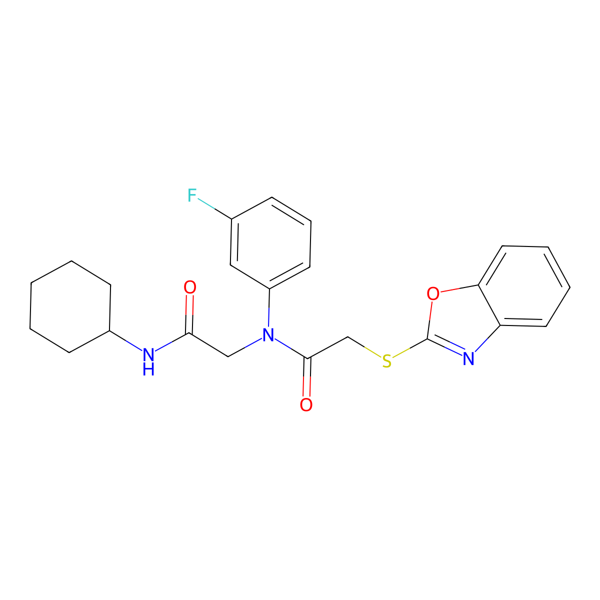 2-(Benzooxazol-2-ylsulfanyl)-N-cyclohexylcarbamoylmethyl-N-(3-fluoro-phenyl)-acetamide molecular structure, CAS 606098-46-8
