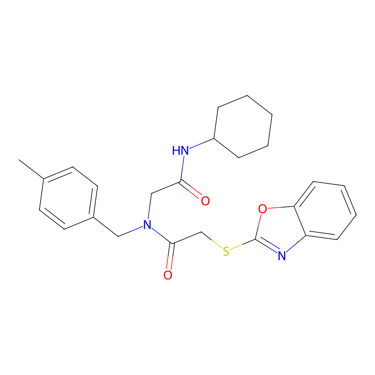 Acetamide,2-(2-benzoxazolylthio)-N-[2-(cyclohexylamino)-2-oxoethyl]-N-[(4-methylphenyl)methyl]- molecular structure, CAS 606098-47-9