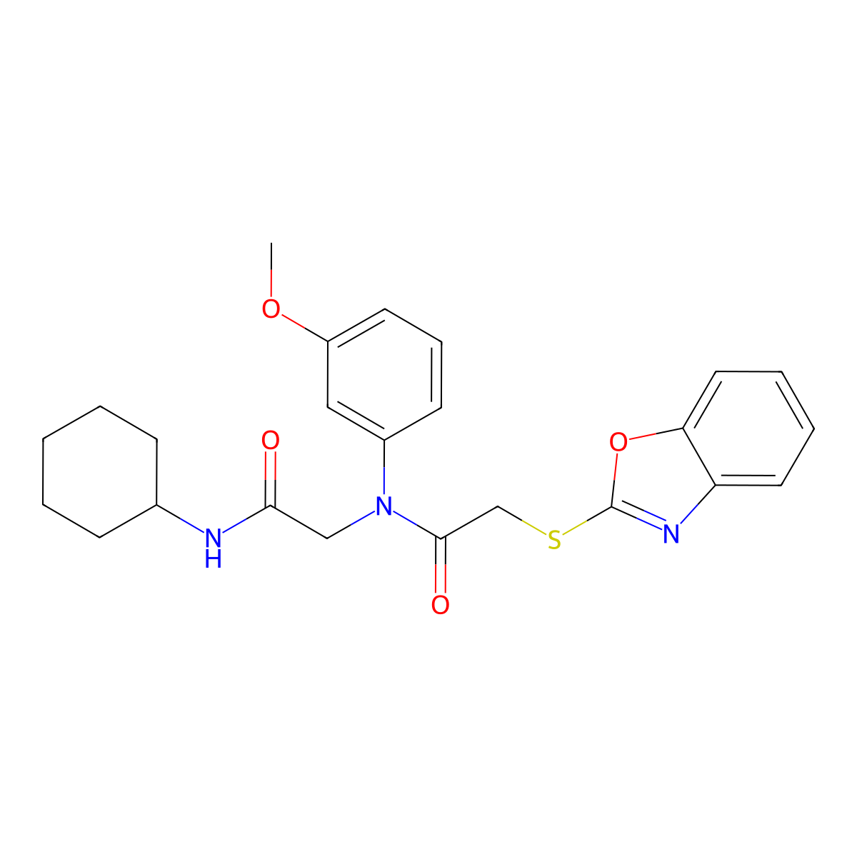 Acetamide,2-(2-benzoxazolylthio)-N-[2-(cyclohexylamino)-2-oxoethyl]-N-(3-methoxyphenyl)- molecular structure, CAS 606098-49-1