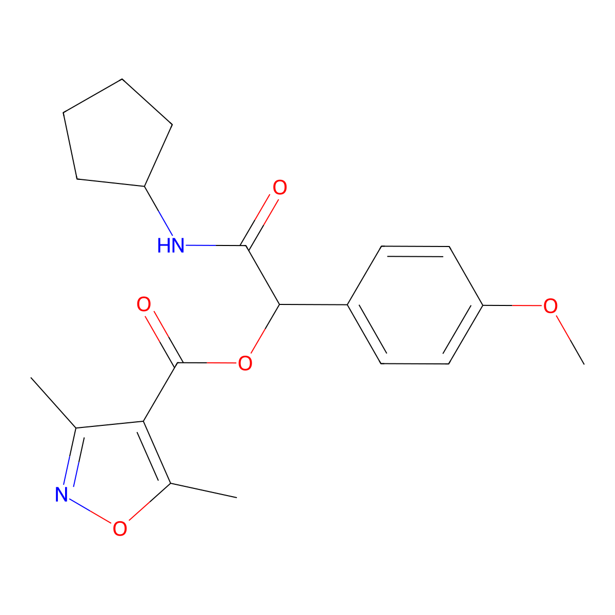 3,5-Dimethyl-isoxazole-4-carboxylic acid cyclopentylcarbamoyl-(4-methoxy-phenyl)-methyl ester molecular structure, CAS 606102-49-2