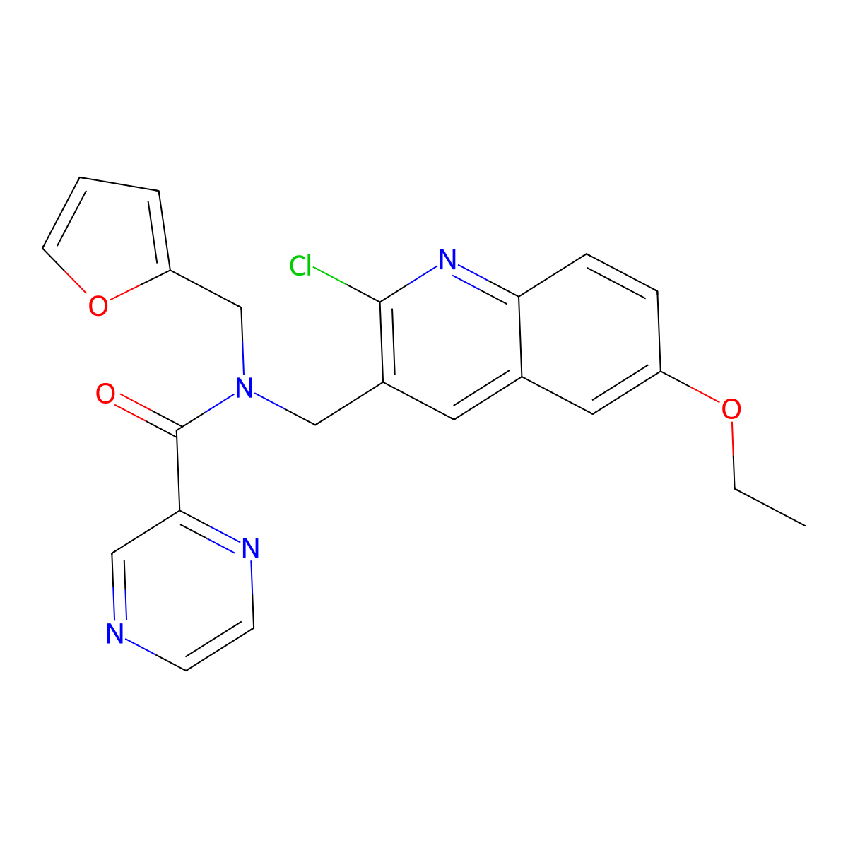 N-[(2-chloro-6-ethoxyquinolin-3-yl)methyl]-N-(furan-2-ylmethyl)pyrazine-2-carboxamide molecular structure, CAS 606103-84-8