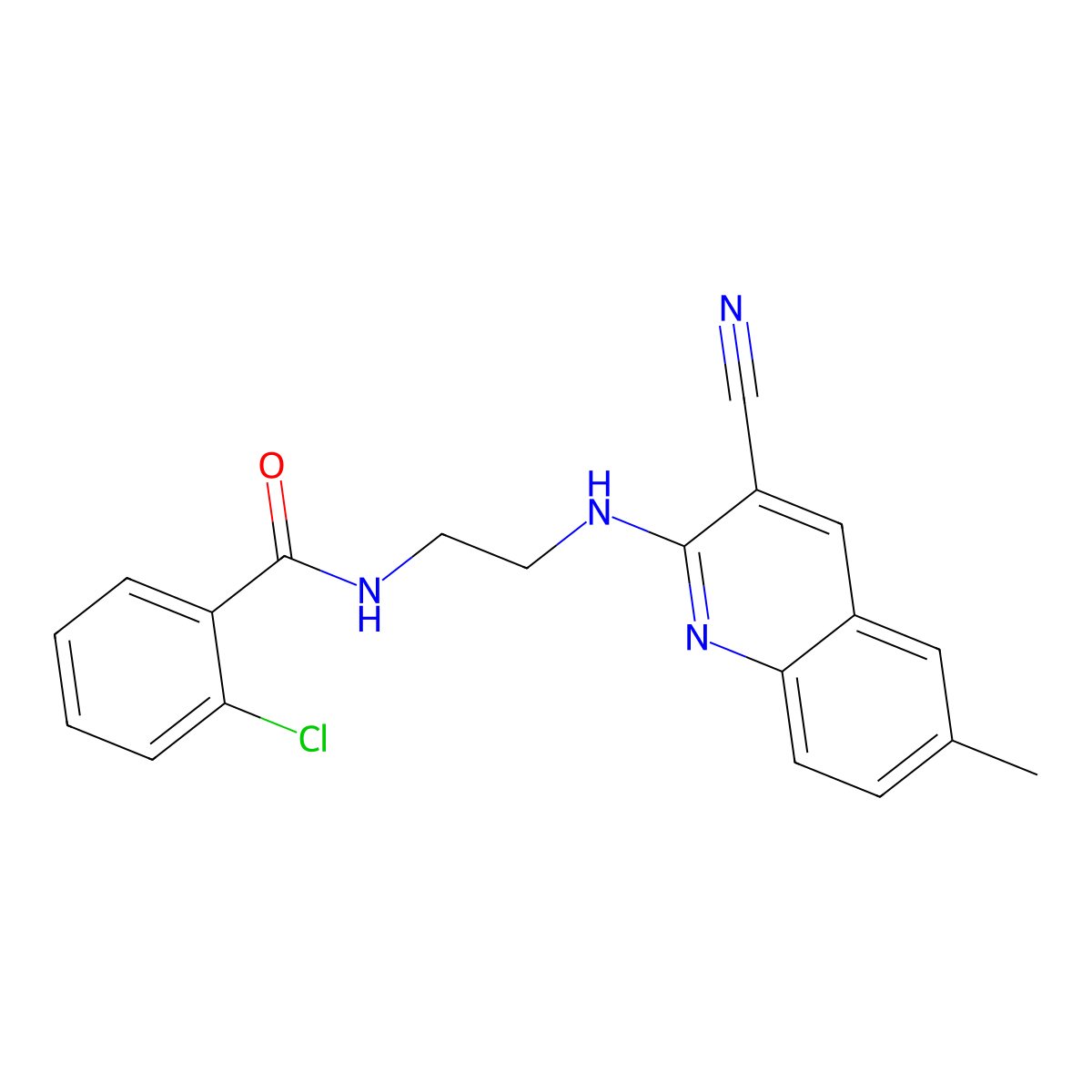 2-Chloro-N-(2-((3-cyano-6-methylquinolin-2-yl)amino)ethyl)benzamide molecular structure, CAS 606105-48-0