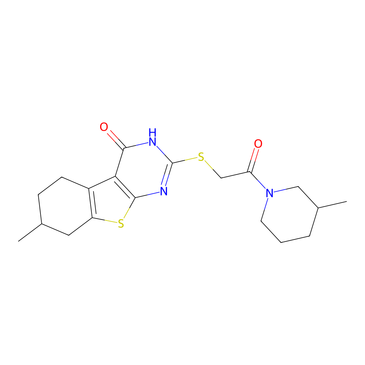 7-methyl-2-[2-(3-methylpiperidin-1-yl)-2-oxoethyl]sulfanyl-5,6,7,8-tetrahydro-3H-[1]benzothiolo[2,3-d]pyrimidin-4-one molecular structure, CAS 606106-60-9