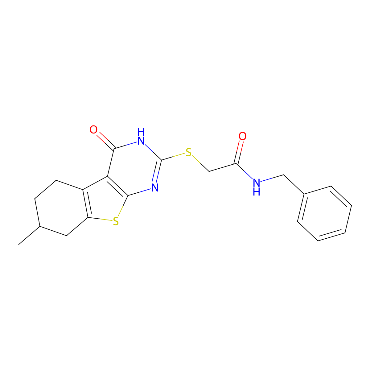 Acetamide,2-[(1,4,5,6,7,8-hexahydro-7-methyl-4-oxo[1]benzothieno[2,3-D]pyrimidin-2-YL)thio]-N-benzyl- molecular structure, CAS 606106-65-4