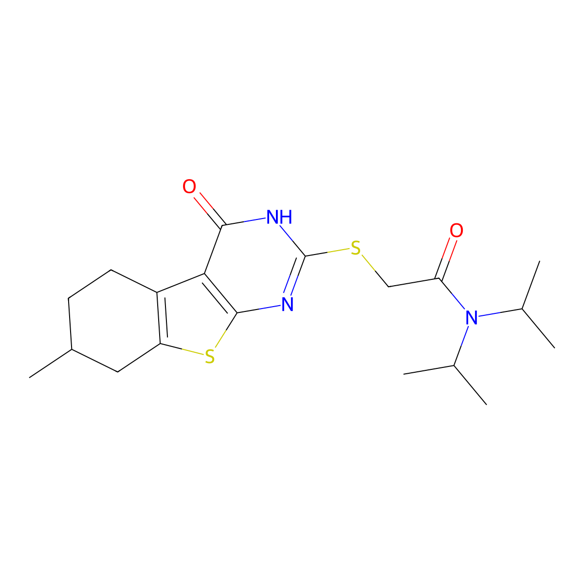 Acetamide,2-[(1,4,5,6,7,8-hexahydro-7-methyl-4-oxo[1]benzothieno[2,3-D]pyrimidin-2-YL)thio]-N,N-bis(isopropyl)- molecular structure, CAS 606106-99-4