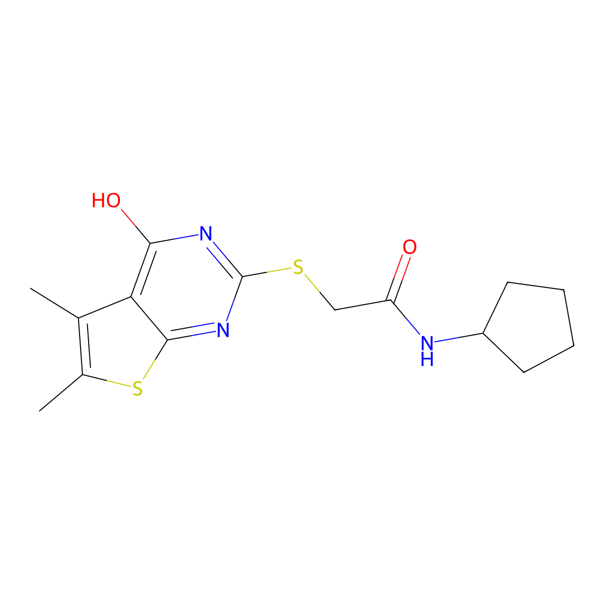 2-(5,6-dimethyl-4-oxo(3-hydrothiopheno[2,3-d]pyrimidin-2-ylthio))-N-cyclopenty lacetamide molecular structure, CAS 606107-59-9