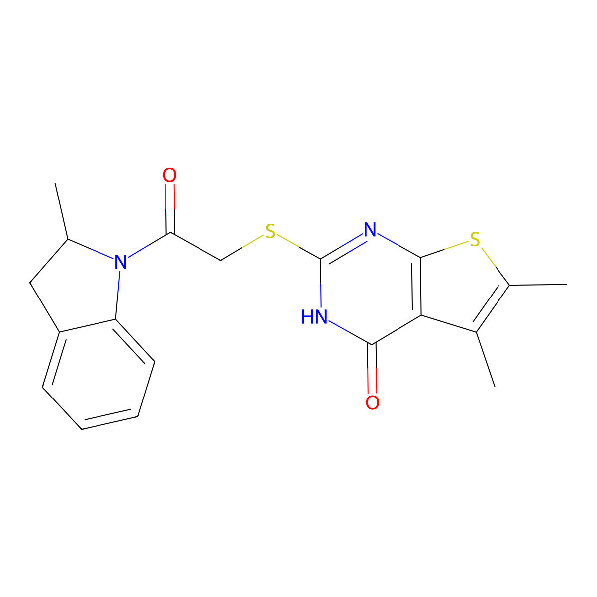 5,6-dimethyl-2-[2-(2-methyl-2,3-dihydroindol-1-yl)-2-oxoethyl]sulfanyl-3H-thieno[2,3-d]pyrimidin-4-one molecular structure, CAS 606107-63-5
