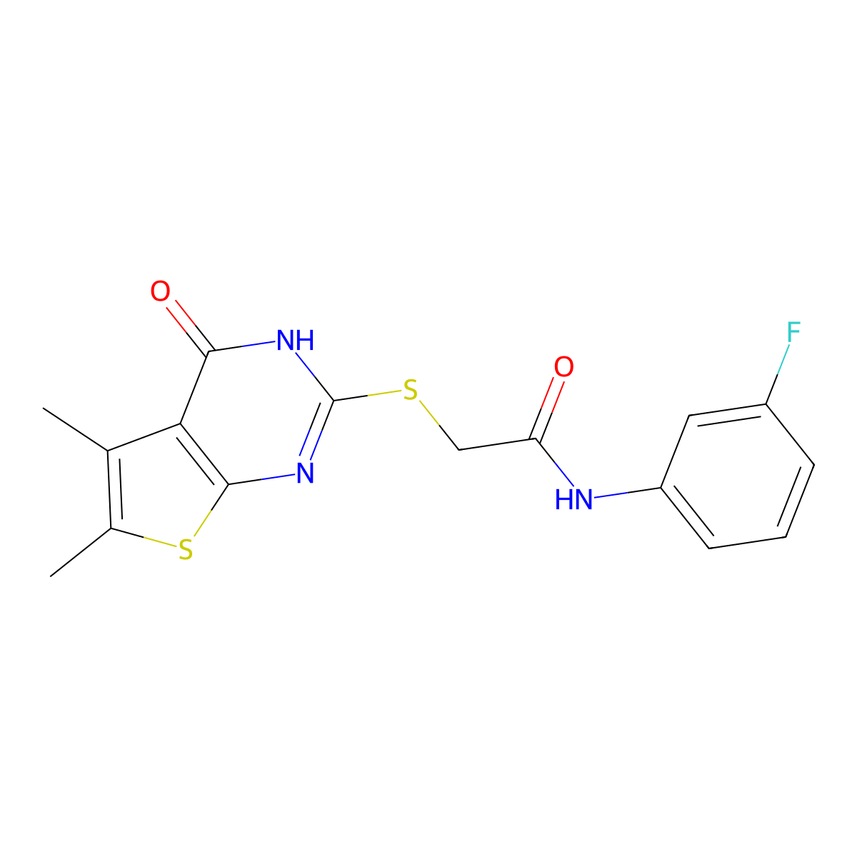 2-[(1,4-Dihydro-5,6-Dimethyl-4-Oxothieno[2,3-d]Pyrimidin-2-ylThio]-N-(3-Fluorophenyl)-Acetamide molecular structure, CAS 606108-13-8