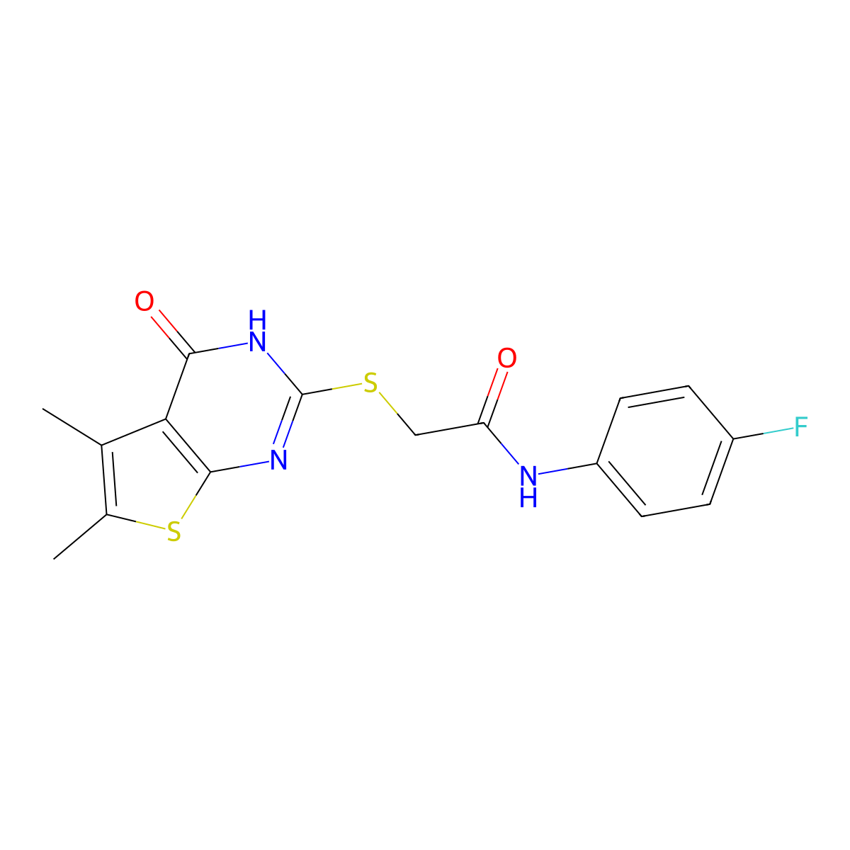 Acetamide,2-[(1,4-dihydro-5,6-dimethyl-4-oxothieno[2,3-D]pyrimidin-2-YL)thio]-N-(4-fluorophenyl)- molecular structure, CAS 606108-52-5