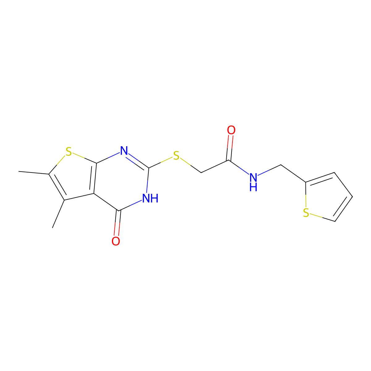 2-(5,6-Dimethyl-4-oxo-3,4-dihydro-thieno[2,3-d]pyrimidin-2-ylsulfanyl)-N-thiophen-2-ylmethyl-acetamide molecular structure, CAS 606108-66-1
