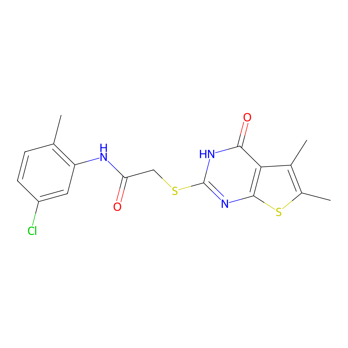 2-(5,6-dimethyl-4-oxo(3-hydrothiopheno[2,3-d]pyrimidin-2-ylthio))-N-(5-chloro-2-methylphenyl)acetamide molecular structure, CAS 606108-72-9