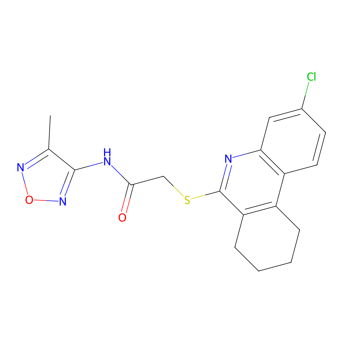 2-(3-Chloro-7,8,9,10-tetrahydro-phenanthridin-6-ylsulfanyl)-N-(4-methyl-furazan-3-yl)-acetamide molecular structure, CAS 606108-81-0