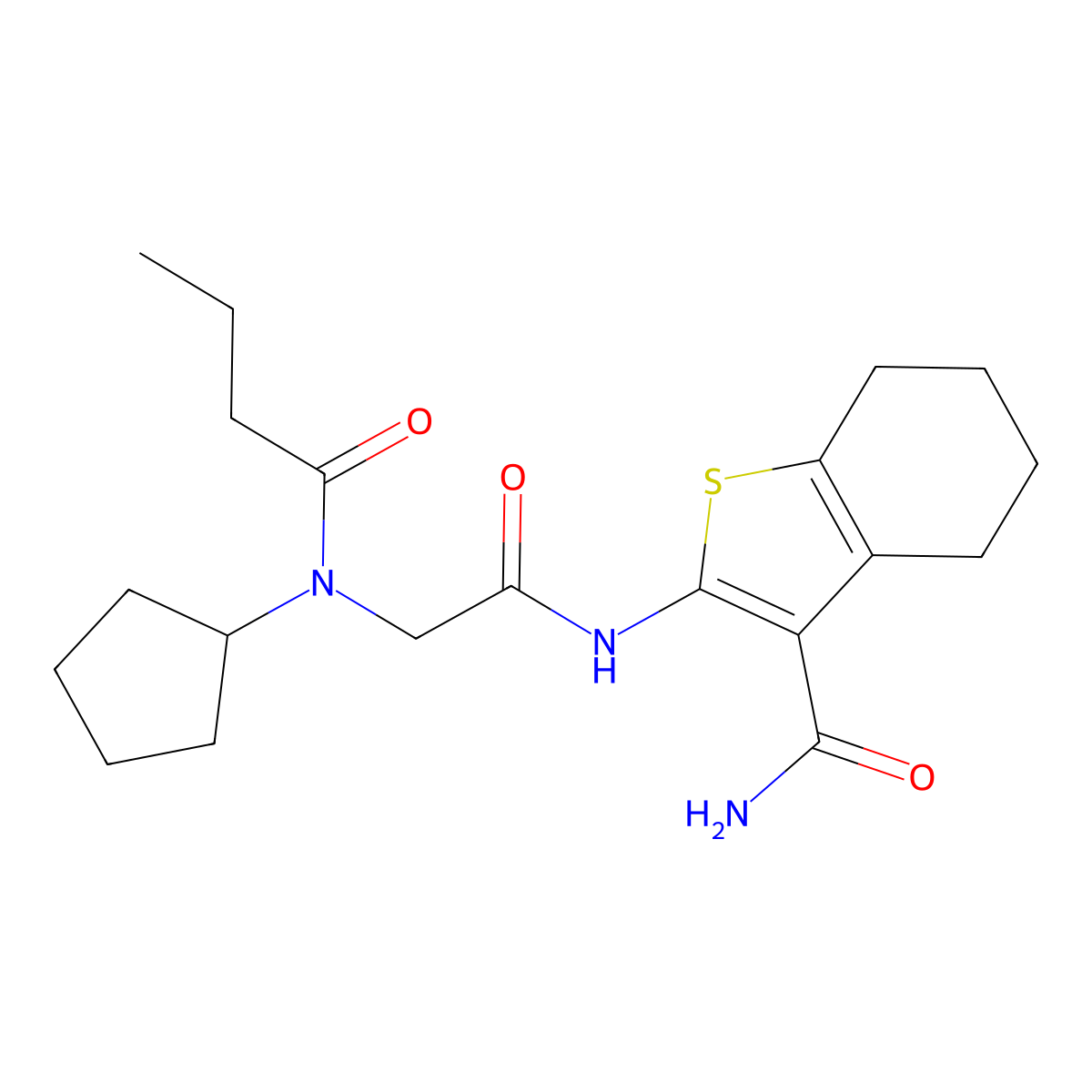 2-[[2-[Butanoyl(cyclopentyl)amino]acetyl]amino]-4,5,6,7-tetrahydro-1-benzothiophene-3-carboxamide molecular structure, CAS 606109-08-4