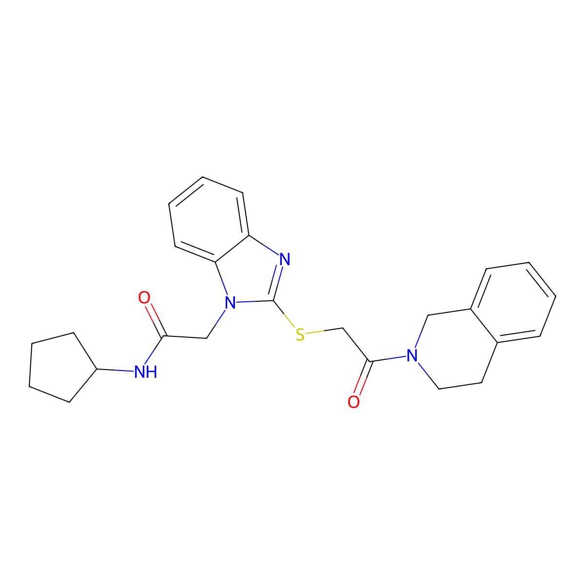 N-Cyclopentyl-2-{2-[2-(3,4-dihydro-1H-isoquinolin-2-yl)-2-oxo-ethylsulfanyl]-benzoimidazol-1-yl}-acetamide molecular structure, CAS 606109-33-5