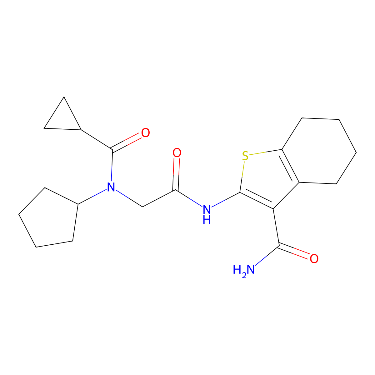 2-[[2-[Cyclopentyl(cyclopropanecarbonyl)amino]acetyl]amino]-4,5,6,7-tetrahydro-1-benzothiophene-3-carboxamide molecular structure, CAS 606109-37-9