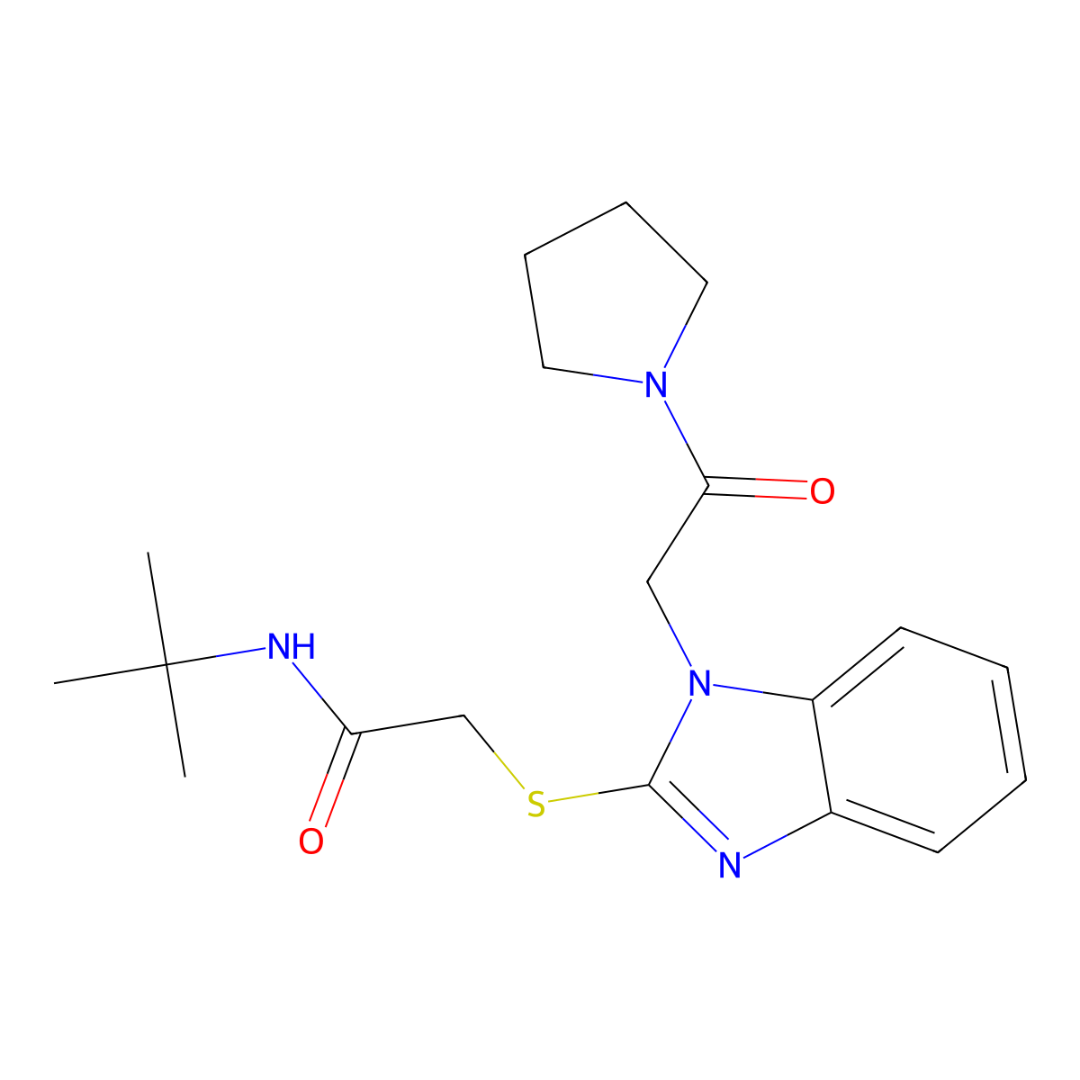 N-tert-butyl-2-[1-(2-oxo-2-pyrrolidin-1-ylethyl)benzimidazol-2-yl]sulfanylacetamide molecular structure, CAS 606109-58-4