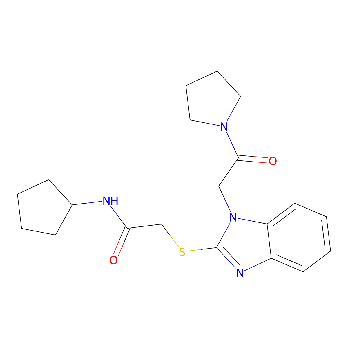 N-Cyclopentyl-2-({1-[2-oxo-2-(1-pyrrolidinyl)ethyl]-1H-benzimidazol-2-yl}sulfanyl)acetamide molecular structure, CAS 606109-61-9
