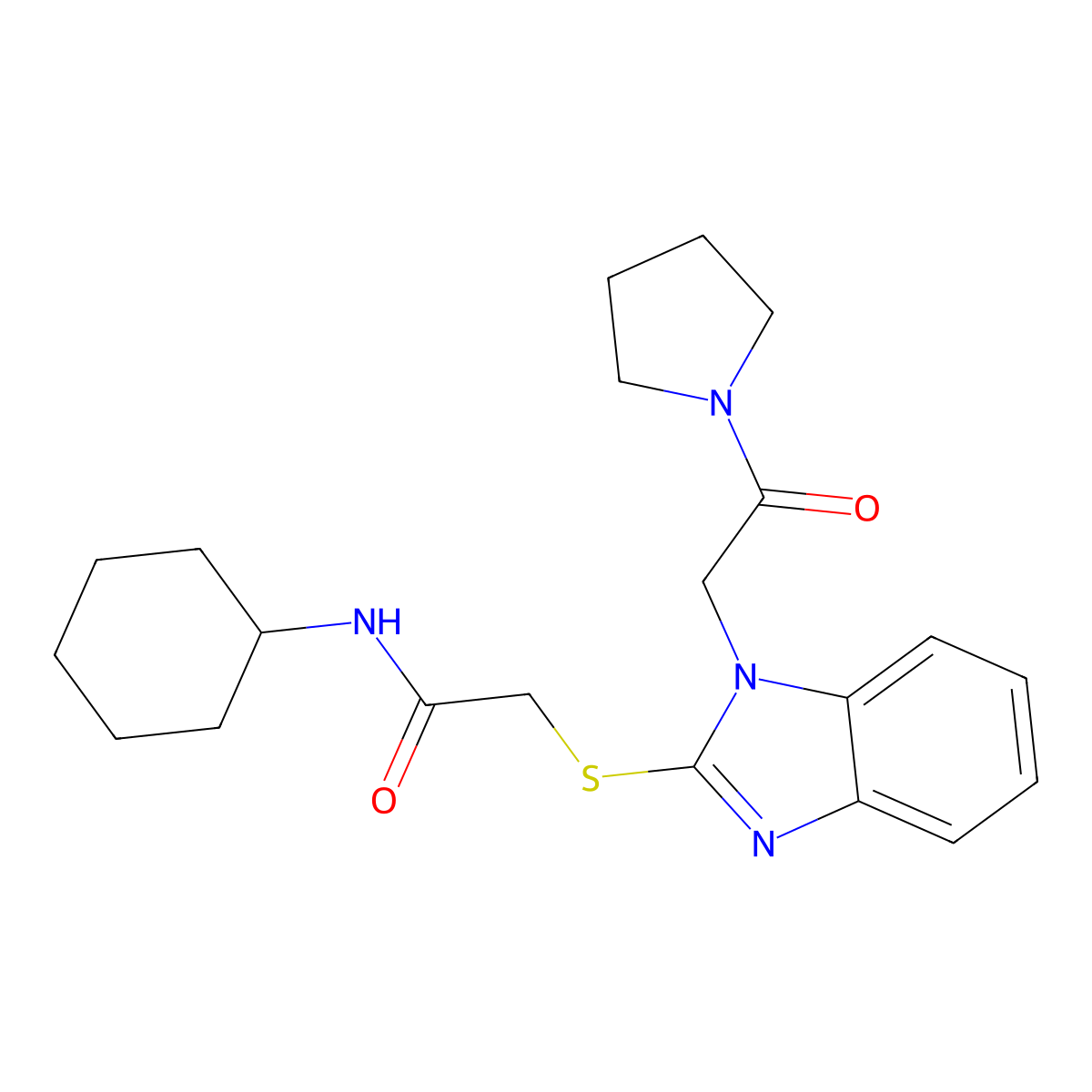 N-Cyclohexyl-2-({1-[2-oxo-2-(1-pyrrolidinyl)ethyl]-1H-benzimidazol-2-yl}sulfanyl)acetamide molecular structure, CAS 606109-63-1