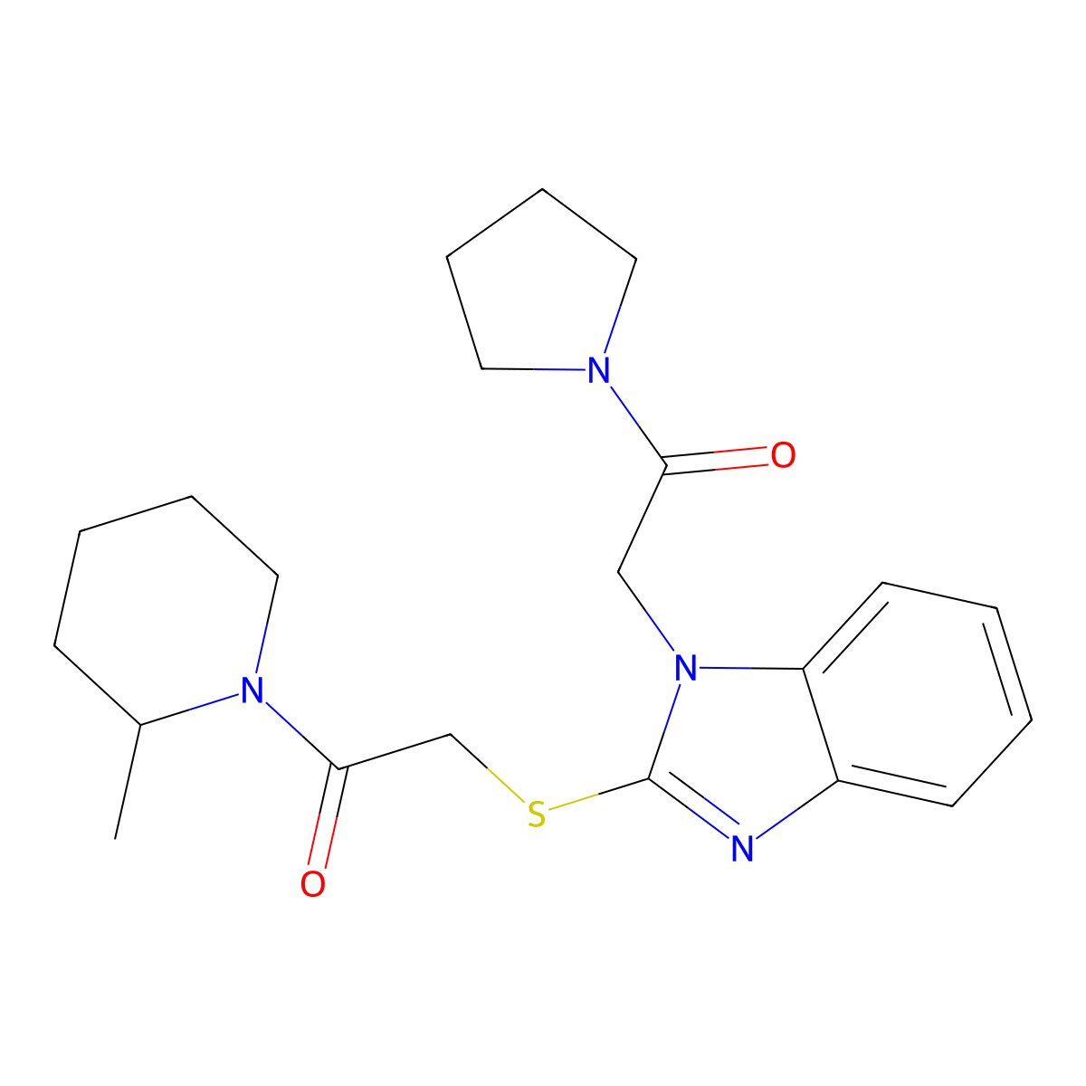 2-[2-[2-(2-Methylpiperidin-1-yl)-2-oxoethyl]sulfanylbenzimidazol-1-yl]-1-pyrrolidin-1-ylethanone molecular structure, CAS 606109-68-6