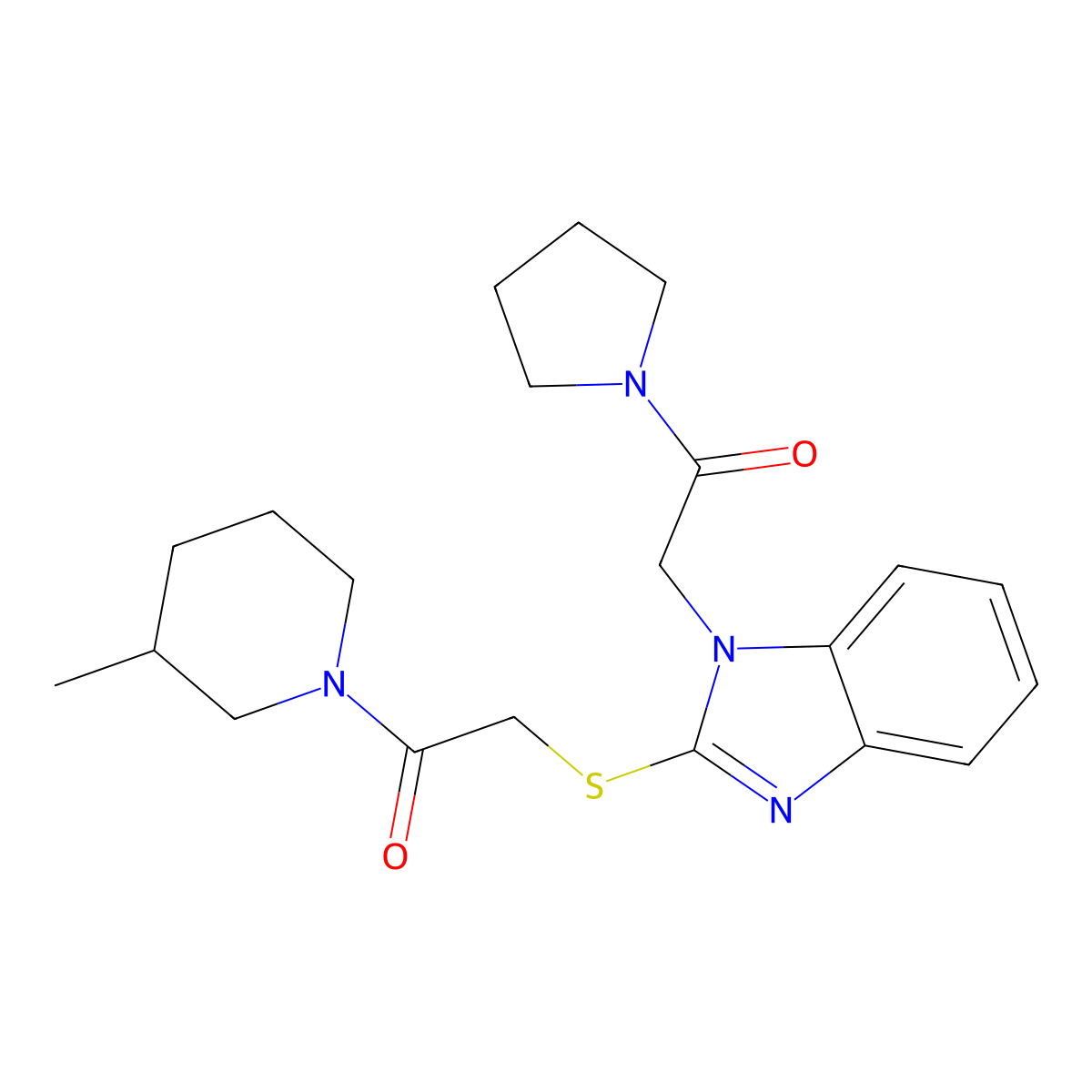 Piperidine, 3-methyl-1-[[[1-[2-oxo-2-(1-pyrrolidinyl)ethyl]-1H-benzimidazol-2-YL]thio]acetyl]- molecular structure, CAS 606109-70-0