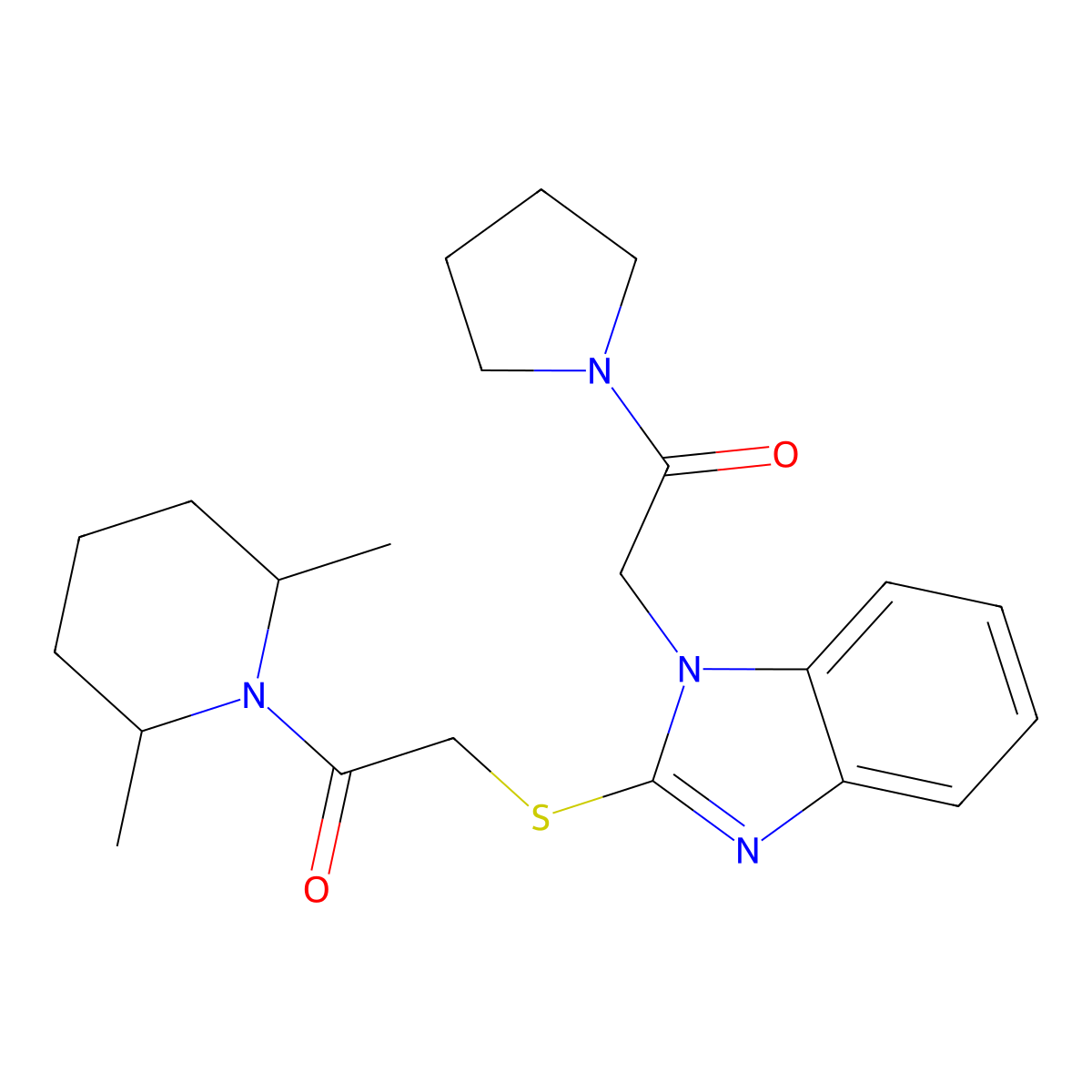 Piperidine, 2,6-dimethyl-1-[[[1-[2-oxo-2-(1-pyrrolidinyl)ethyl]-1H-benzimidazol-2-YL]thio]acetyl]- molecular structure, CAS 606109-72-2