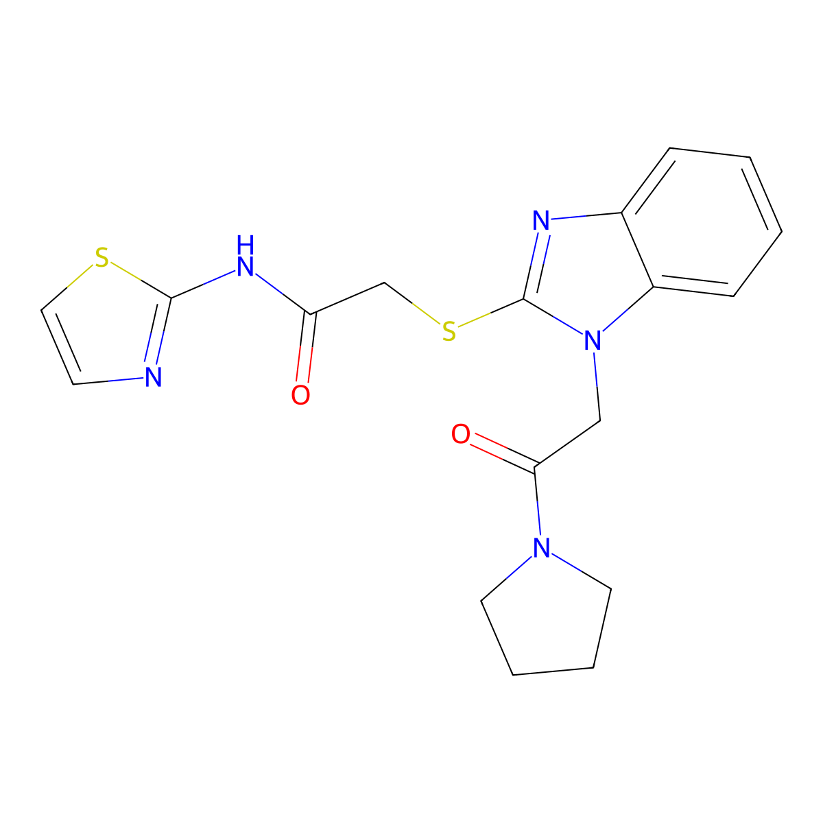 2-[1-(2-Oxo-2-pyrrolidin-1-yl-ethyl)-1H-benzoimidazol-2-ylsulfanyl]-N-thiazol-2-yl-acetamide molecular structure, CAS 606109-74-4
