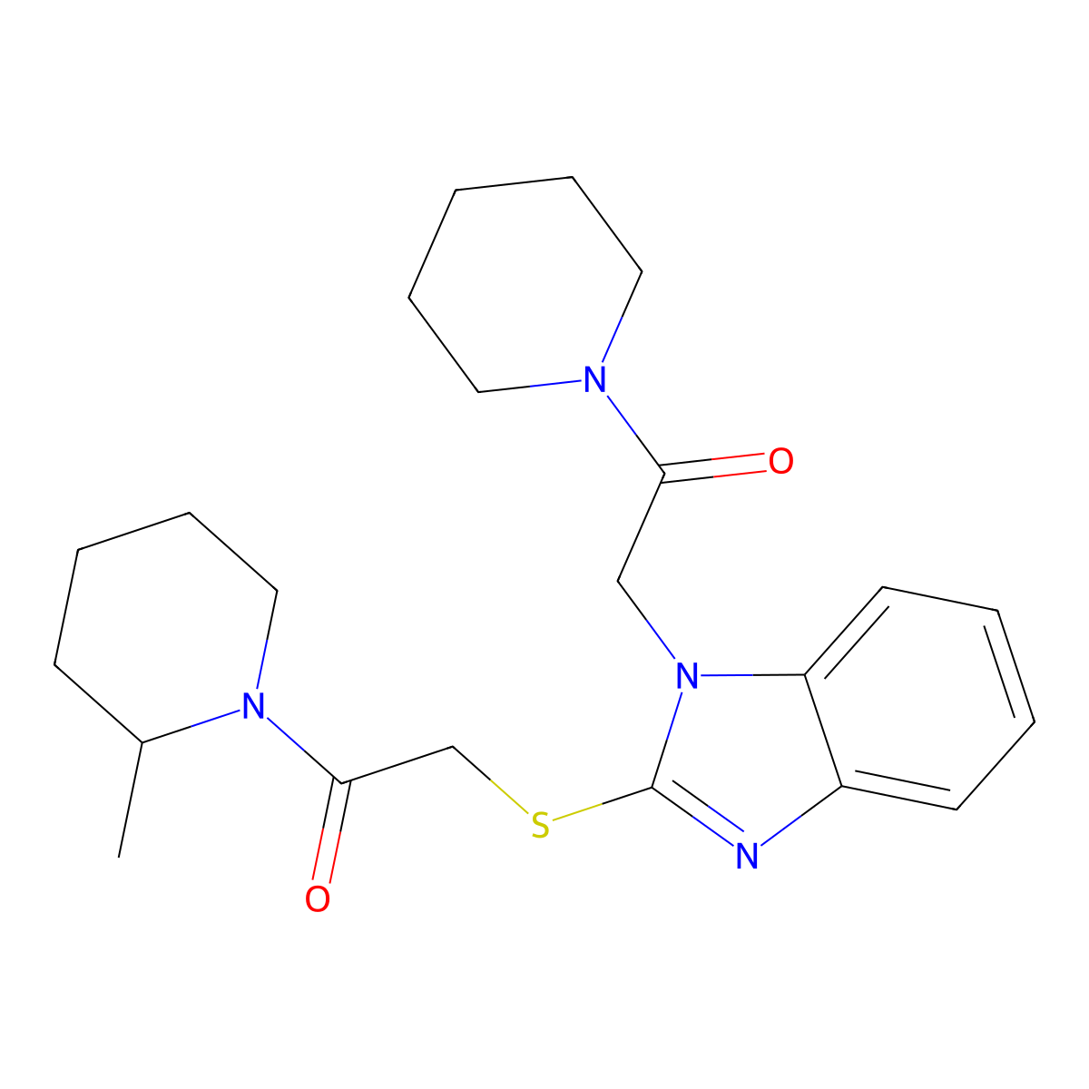 2-[2-[2-(2-Methylpiperidin-1-yl)-2-oxoethyl]sulfanylbenzimidazol-1-yl]-1-piperidin-1-ylethanone molecular structure, CAS 606109-86-8