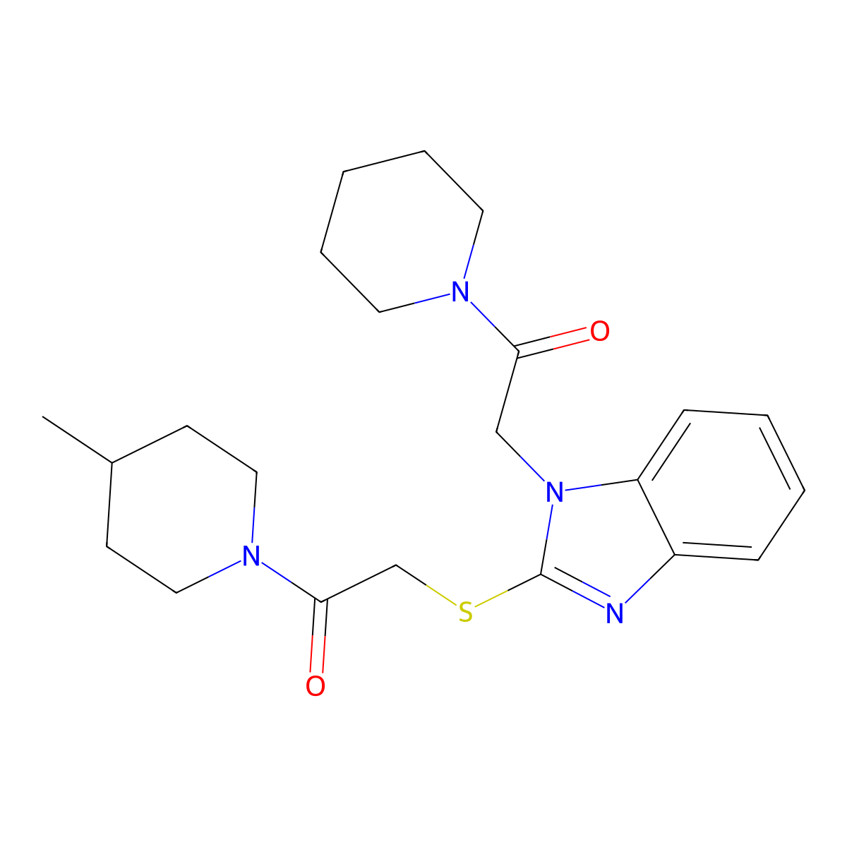 Piperidine, 4-methyl-1-[[[1-[2-oxo-2-(1-piperidinyl)ethyl]-1H-benzimidazol-2-YL]thio]acetyl]- molecular structure, CAS 606109-88-0