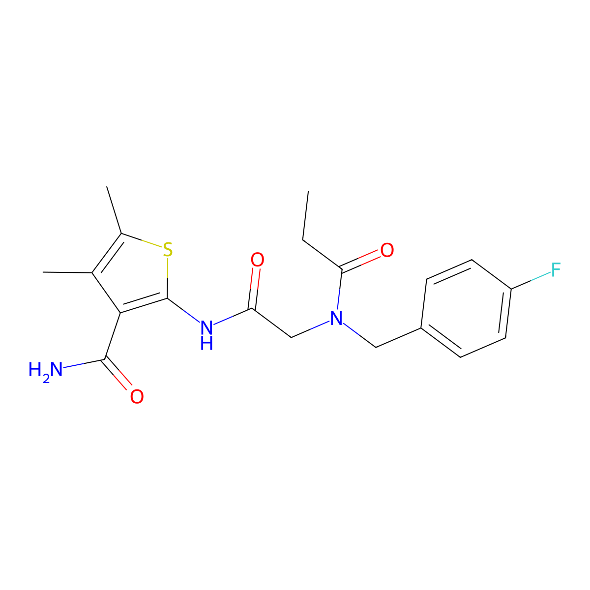 3-Thiophenecarboxamide, 2-[[[[(4-fluorophenyl)methyl](1-oxopropyl)amino]acetyl]amino]-4,5-dimethyl- molecular structure, CAS 606109-99-3