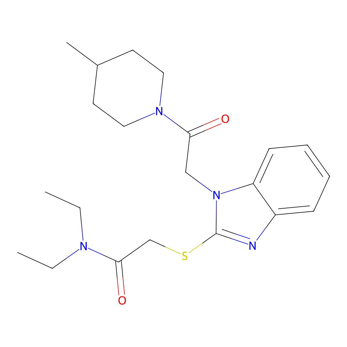 Acetamide,N,N-diethyl-2-[[1-[2-(4-methyl-piperidin-1-YL)-2-oxoethyl]-1H-benzo[D]imidazol-2-YL]thio]- molecular structure, CAS 606110-00-3