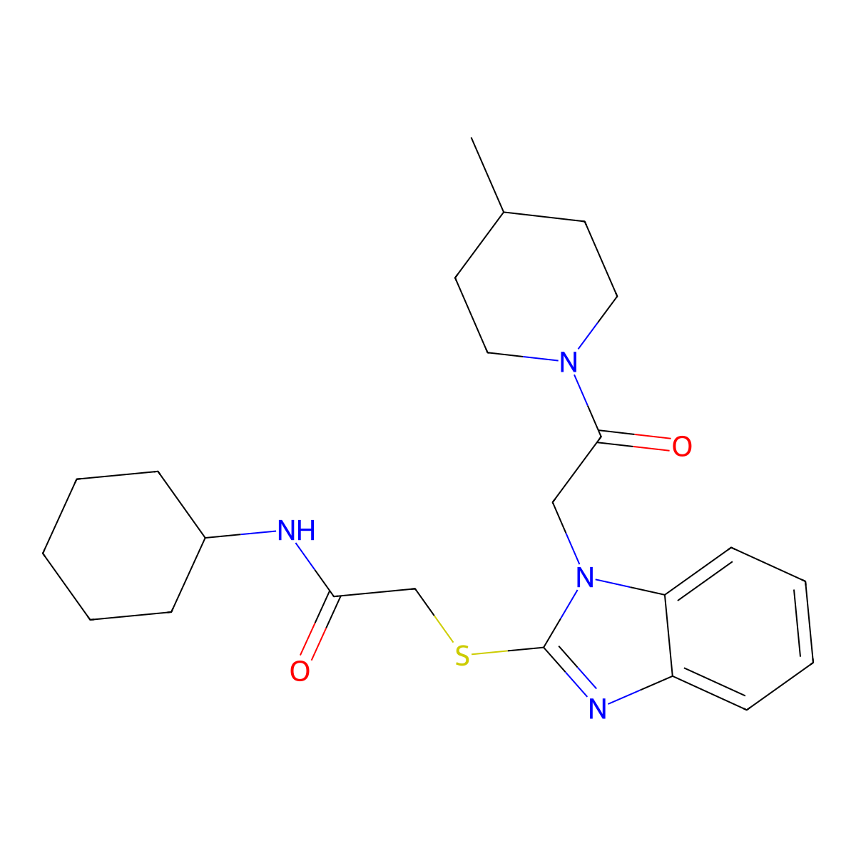 N-Cyclohexyl-2-({1-[2-(4-methyl-1-piperidinyl)-2-oxoethyl]-1H-benzimidazol-2-yl}sulfanyl)acetamide molecular structure, CAS 606110-04-7