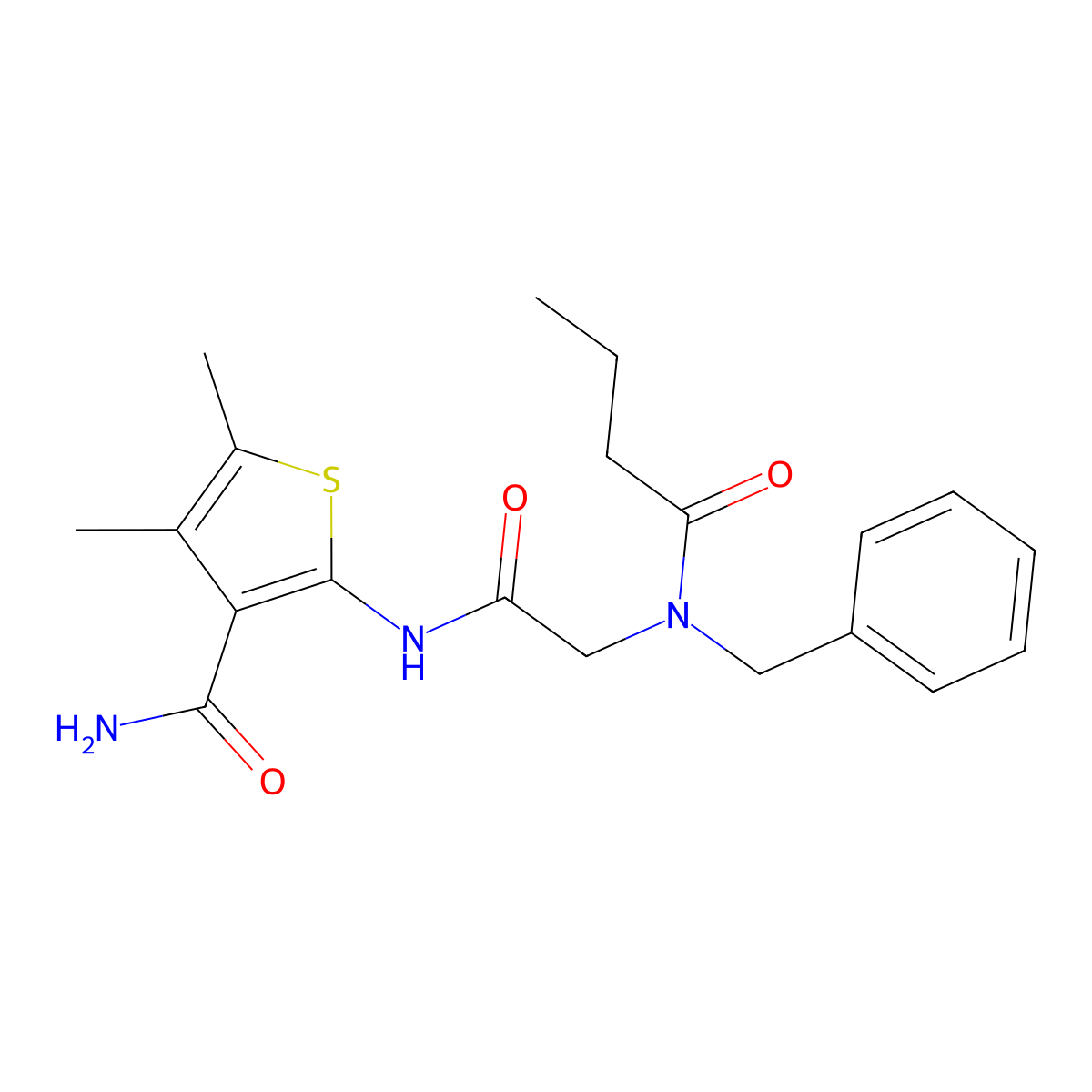 3-Thiophenecarboxamide, 4,5-dimethyl-2-[[[(1-oxobutyl)(phenylmethyl)amino]acetyl]amino]- molecular structure, CAS 606110-06-9