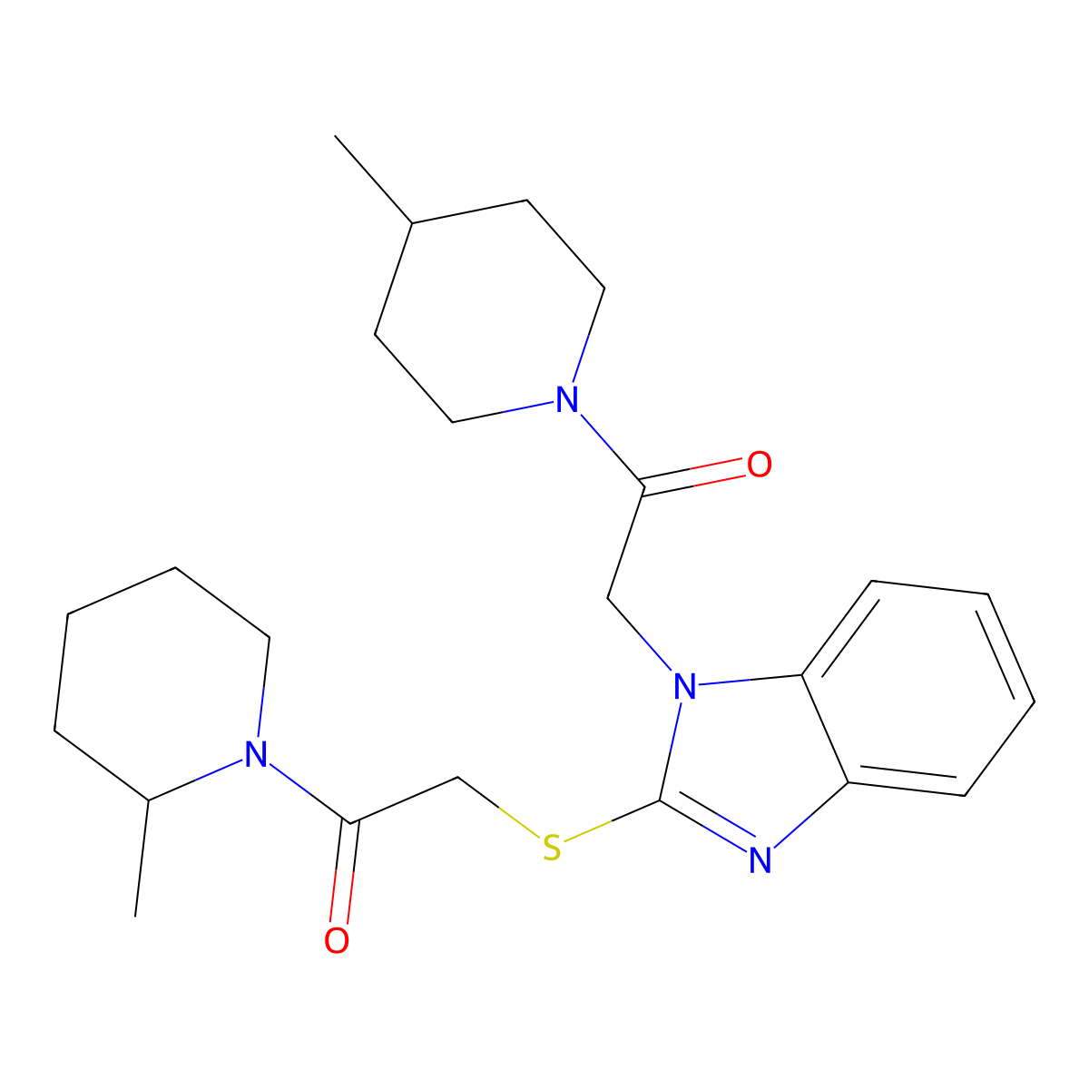 1-(4-Methylpiperidin-1-yl)-2-[2-[2-(2-methylpiperidin-1-yl)-2-oxoethyl]sulfanylbenzimidazol-1-yl]ethanone molecular structure, CAS 606110-07-0
