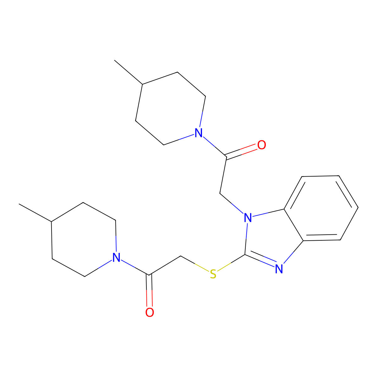 1-(4-Methylpiperidin-1-yl)-2-[2-[2-(4-methylpiperidin-1-yl)-2-oxoethyl]sulfanylbenzimidazol-1-yl]ethanone molecular structure, CAS 606110-09-2