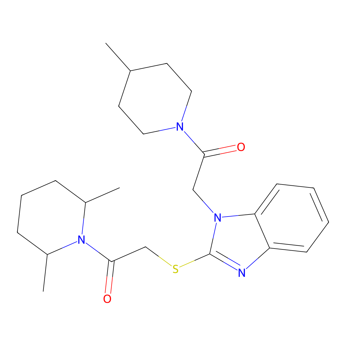 2-[2-[2-(2,6-Dimethylpiperidin-1-yl)-2-oxoethyl]sulfanylbenzimidazol-1-yl]-1-(4-methylpiperidin-1-yl)ethanone molecular structure, CAS 606110-11-6