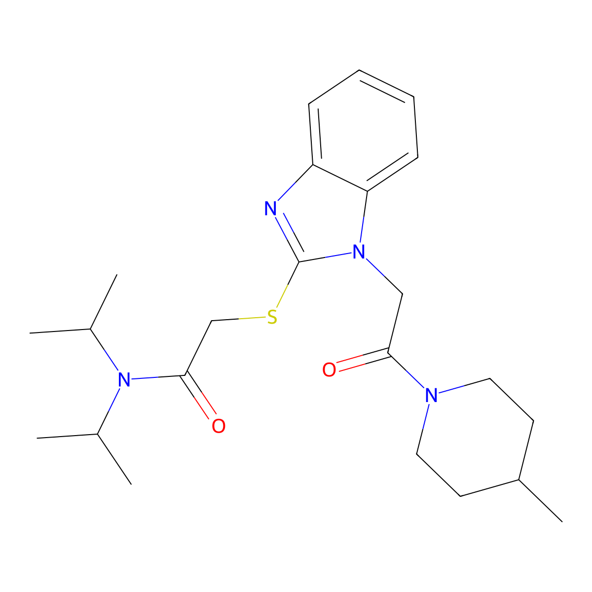 Acetamide,N,N-bis(isopropyl)-2-[[1-[2-(4-methyl-piperidin-1-YL)-2-oxoethyl]-1H-benzo[D]imidazol-2-YL]thio]- molecular structure, CAS 606110-13-8