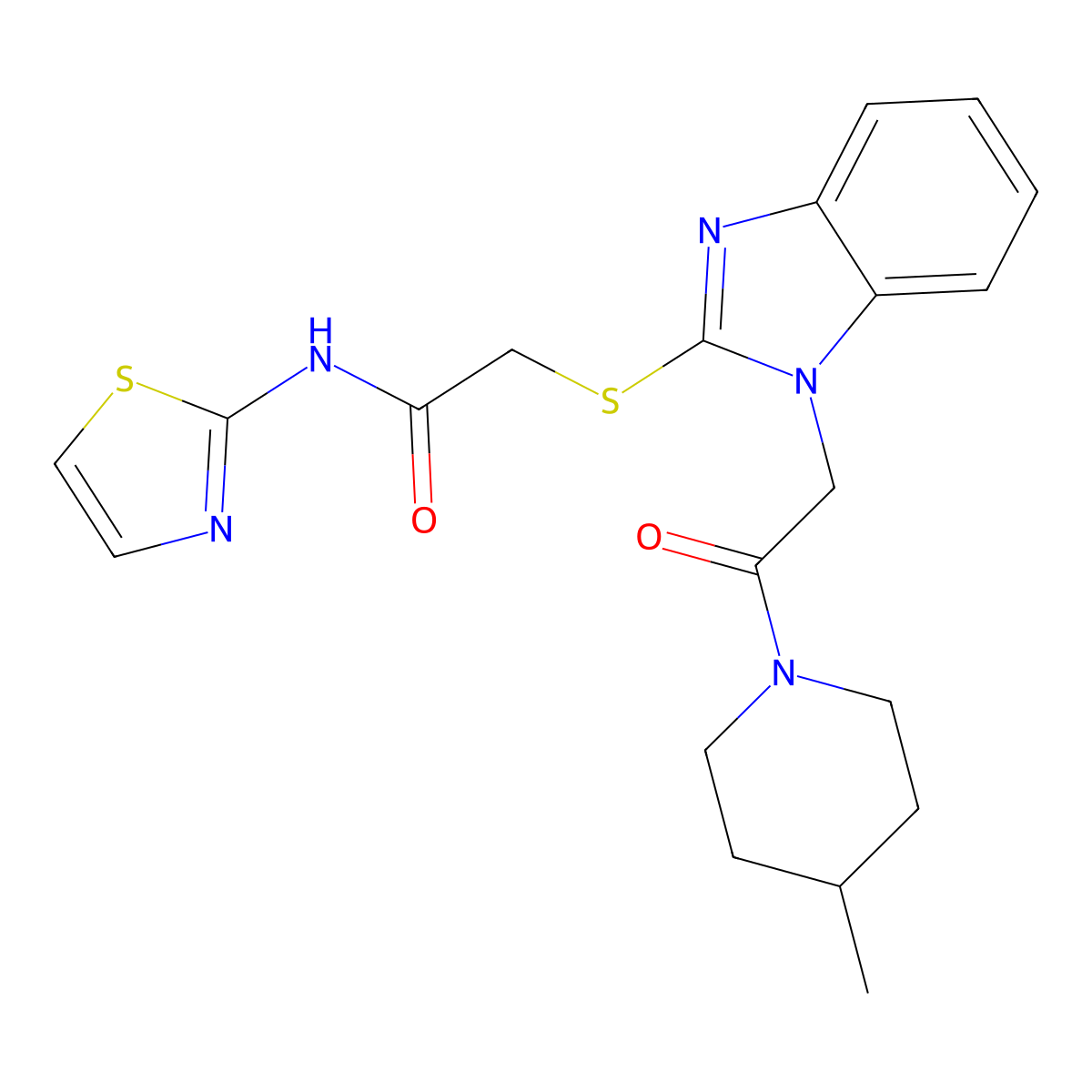 2-{1-[2-(4-Methyl-piperidin-1-yl)-2-oxo-ethyl]-1H-benzoimidazol-2-ylsulfanyl}-N-thiazol-2-yl-acetamide molecular structure, CAS 606110-17-2
