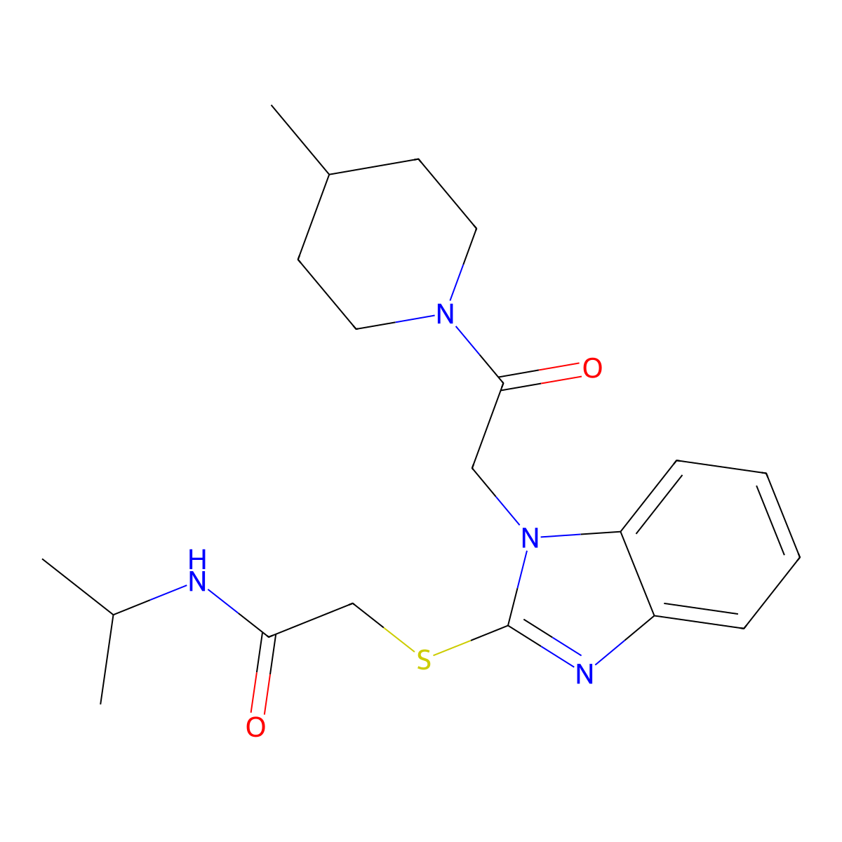 2-[1-[2-(4-methylpiperidin-1-yl)-2-oxoethyl]benzimidazol-2-yl]sulfanyl-N-propan-2-ylacetamide molecular structure, CAS 606110-19-4