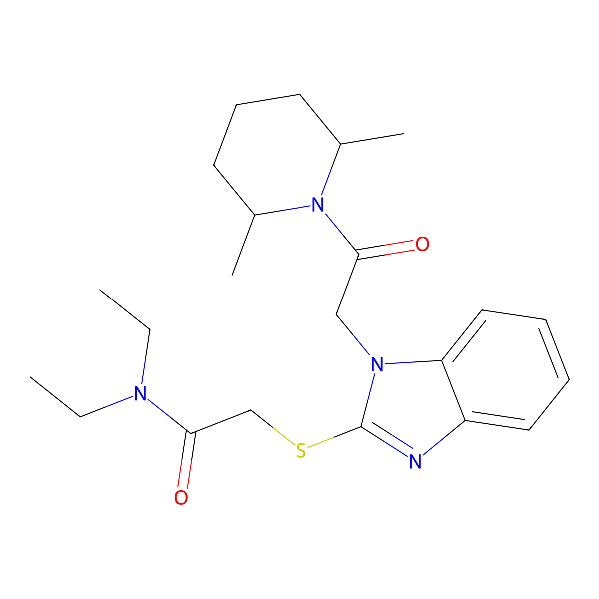 2-({1-[2-(2,6-Dimethyl-1-piperidinyl)-2-oxoethyl]-1H-benzimidazol-2-yl}sulfanyl)-N,N-diethylacetamide molecular structure, CAS 606110-25-2